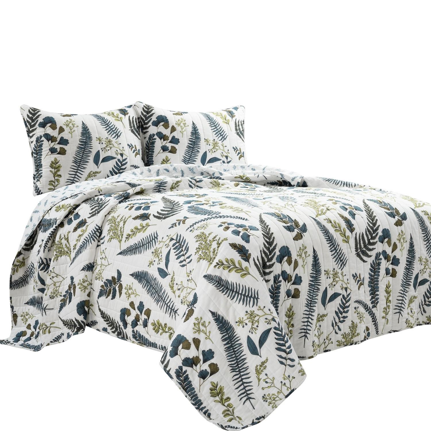 King Devonia Reversible Oversized Quilt Set White/Green - Lush Décor: 320 Thread Count, Botanical Pattern, 3-Piece Set
