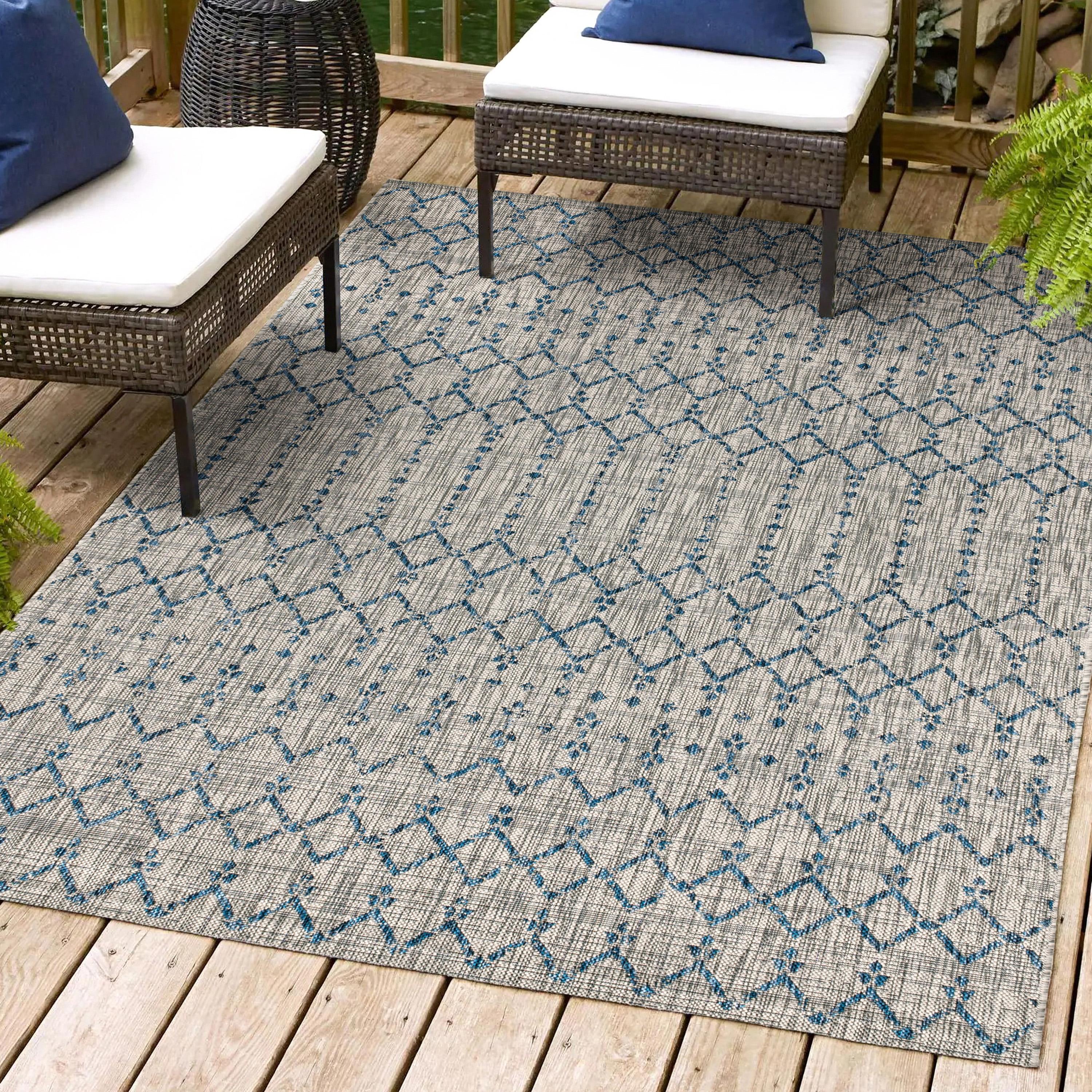 8'x10' Ourika Moroccan Geometric Textured Weave Indoor/Outdoor Area Rug, Light Gray/Navy - JONATHAN Y