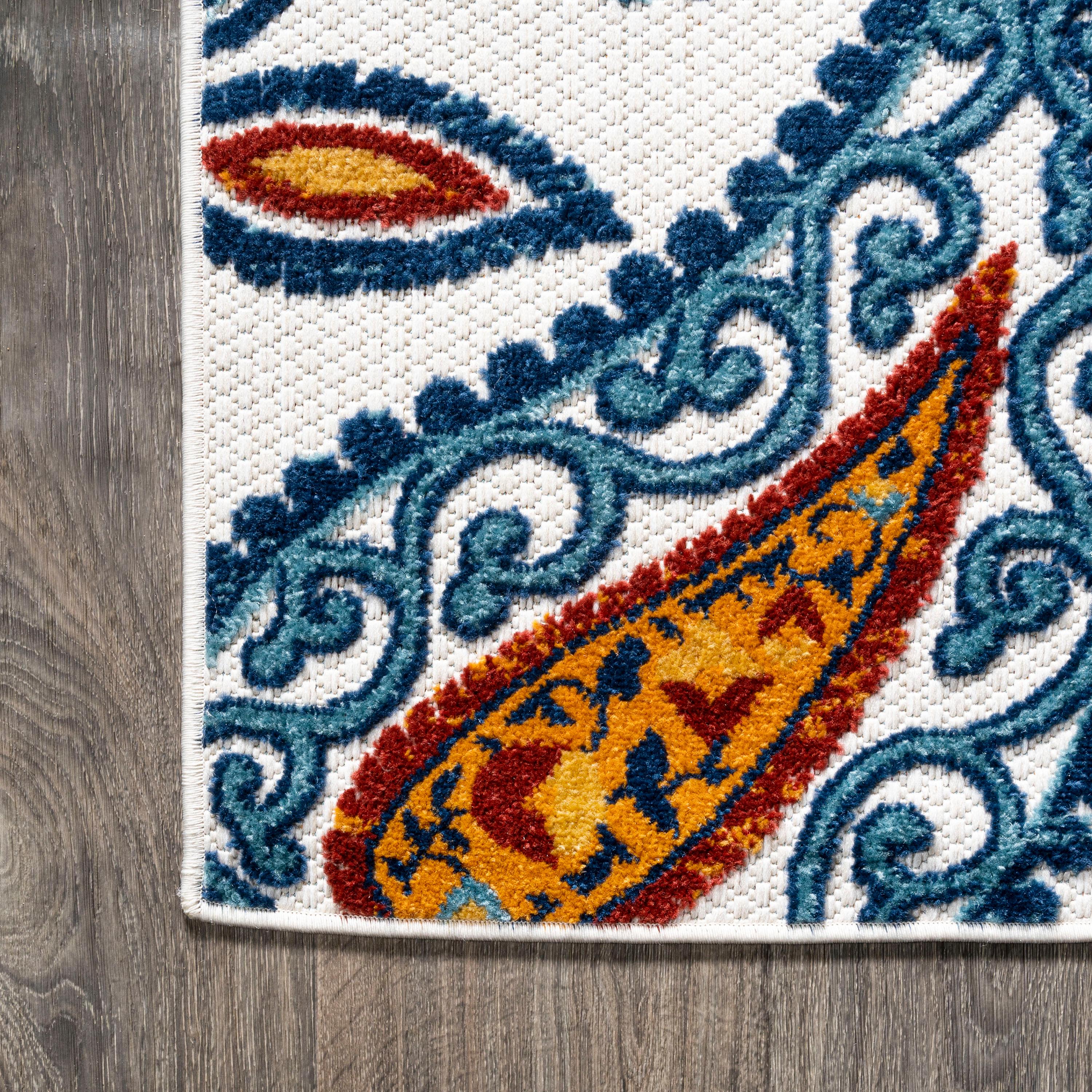 2'x8' Julien Paisley High-Low Indoor/Outdoor Area Rug, Orange/Blue - JONATHAN Y
