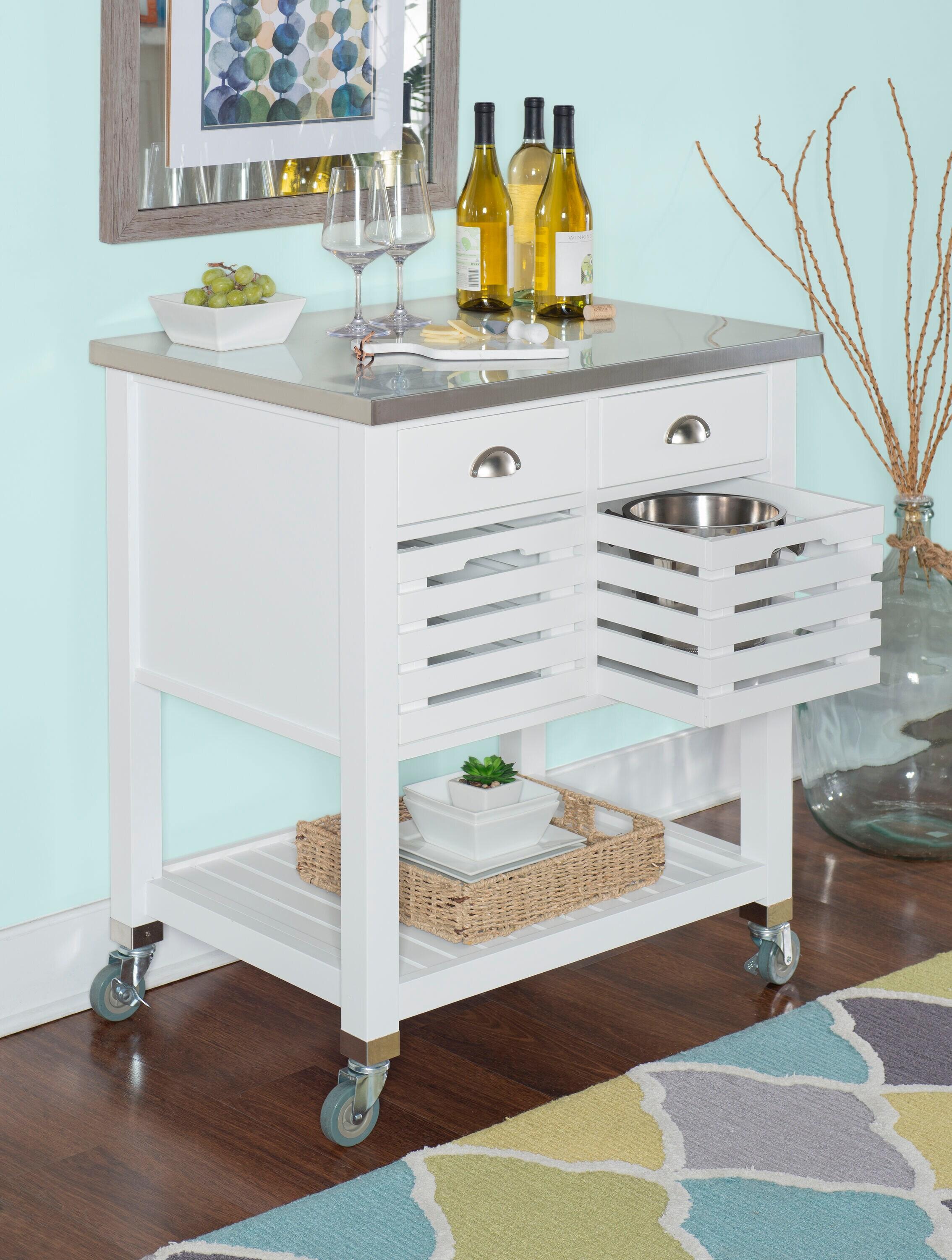 Robbin White Wood Kitchen Cart: Stainless Steel Top, Storage on Wheels - Linon