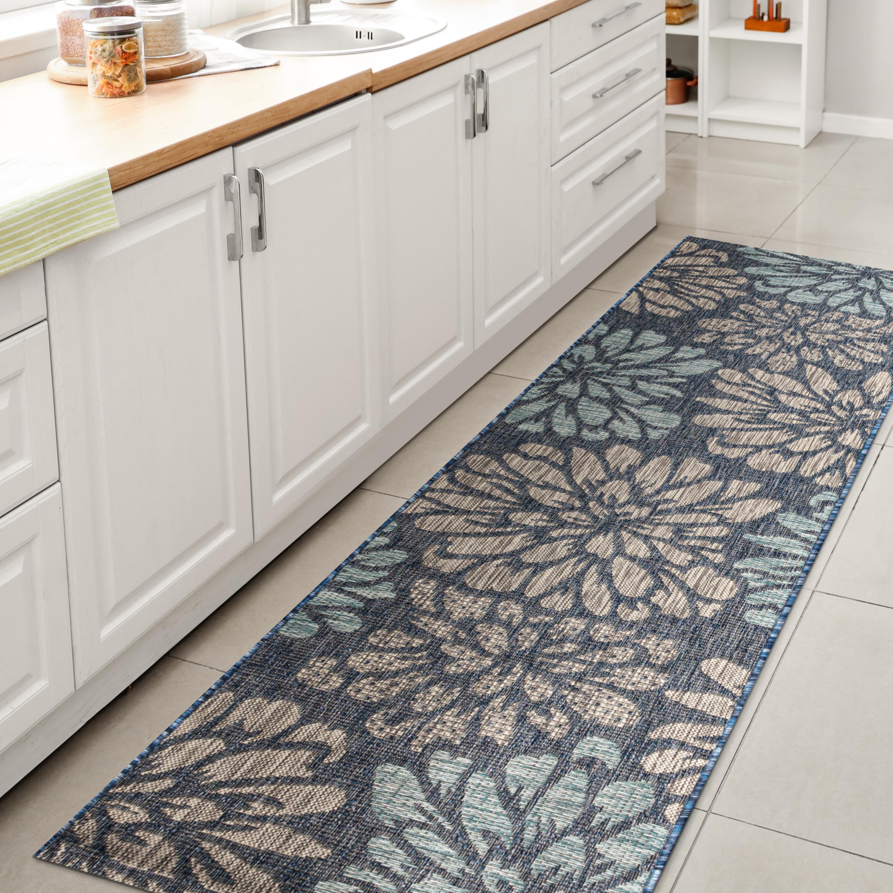 JONATHAN Y Zinnia Modern Floral Textured Weave Navy/Aqua 2 ft. x 20 ft. Indoor/Outdoor Runner Rug