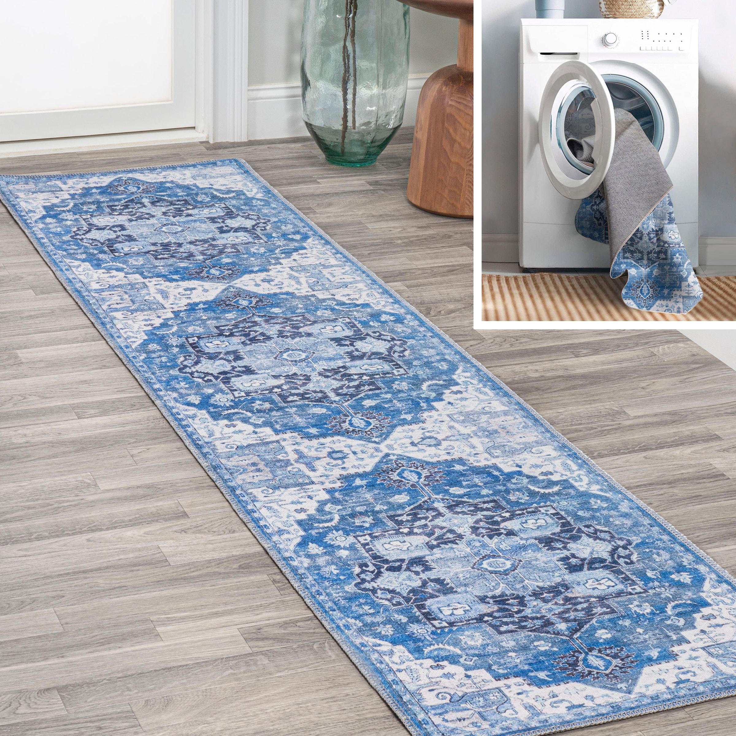 2' x 8' Maris Ornate Medallion Machine Washable Indoor/Outdoor Runner Rug, Blue/Navy - JONATHAN Y