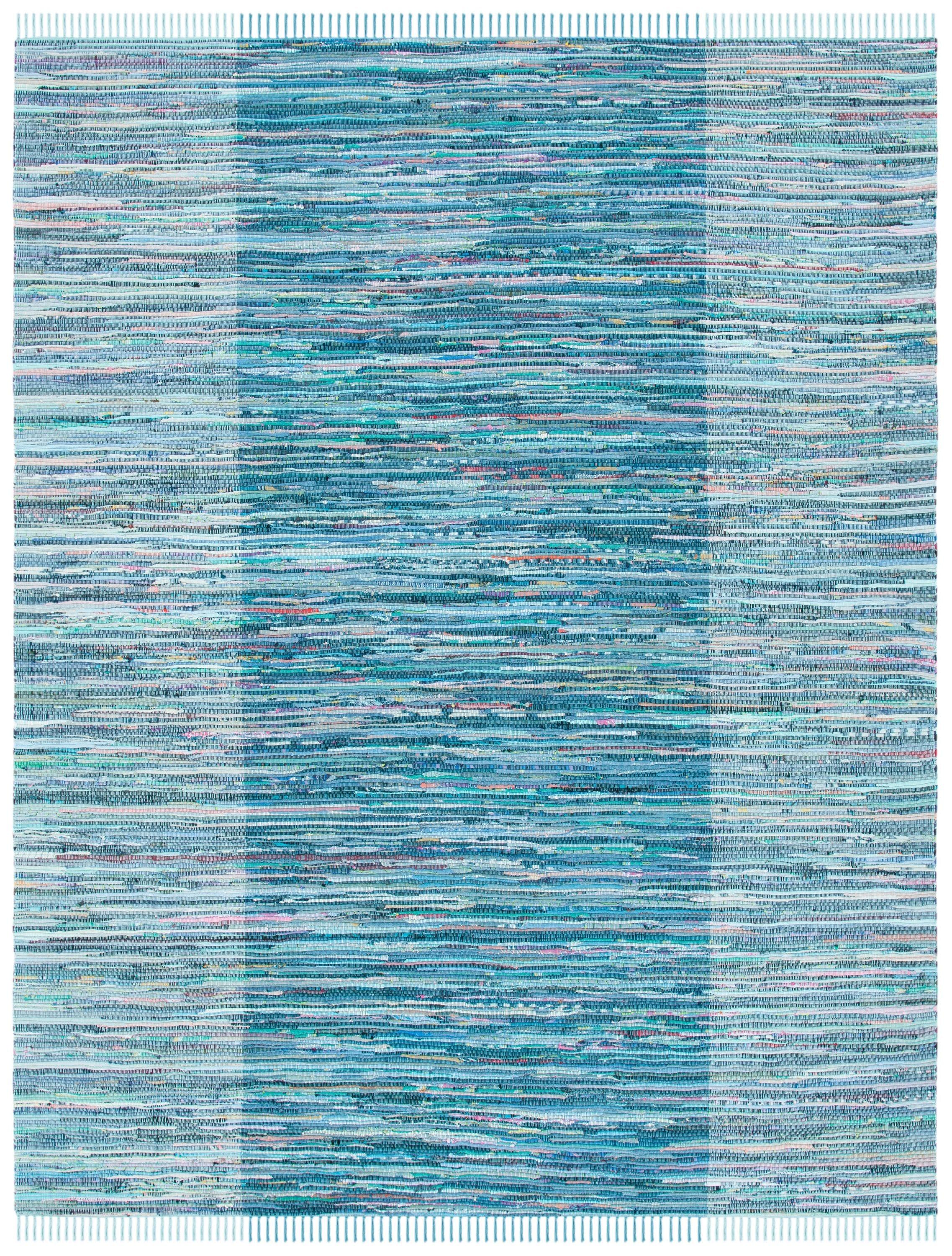 SAFAVIEH Rag Romeo Striped Fringe Cotton Area Rug, Light Blue/Grey, 9' x 12'