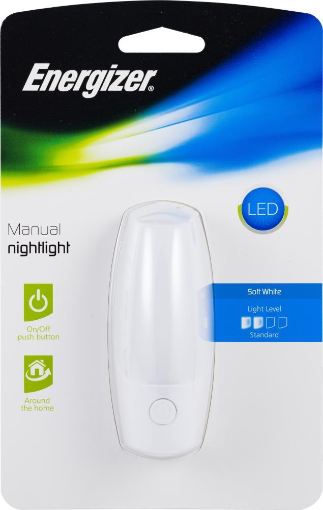 Energizer Manual LED Nightlight: Plug-In Wall Light with On/Off Switch, ETL Listed, 30,000 Hour Bulb Life, White