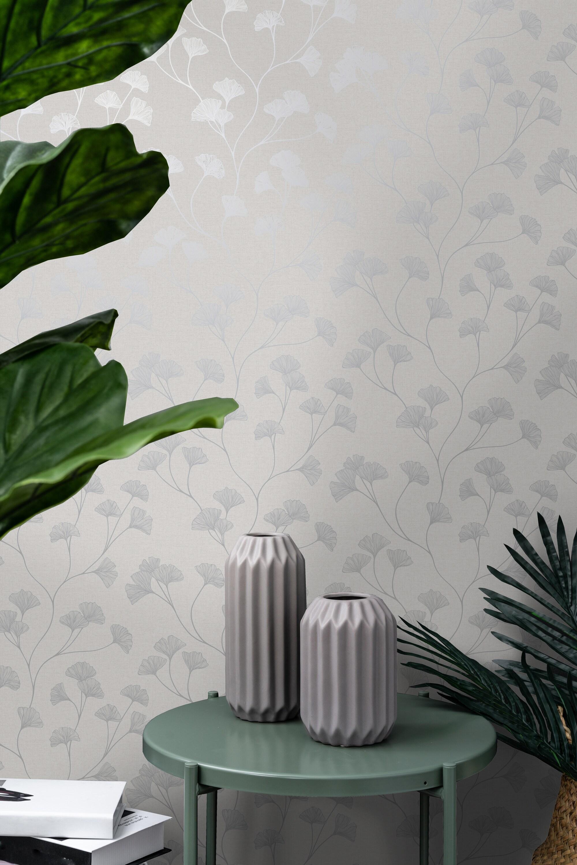 Holden Glistening Ginkgo Silver Wallpaper: Mid-Century Modern Floral Design, Non-Pasted Paper, Smooth Metallic Finish, 56 Sq Ft Coverage
