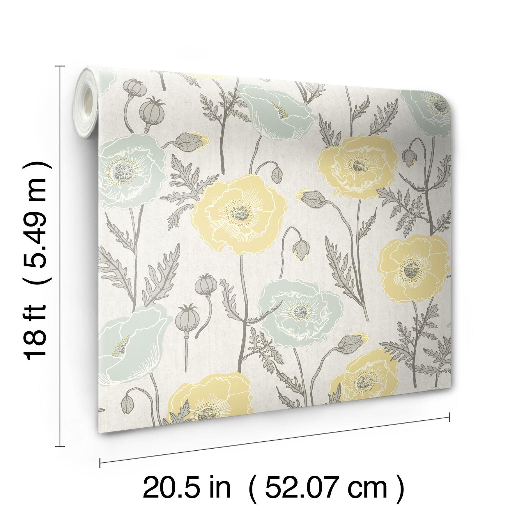 Aqua and Yellow Poppy Field Peel and Stick Wallpaper