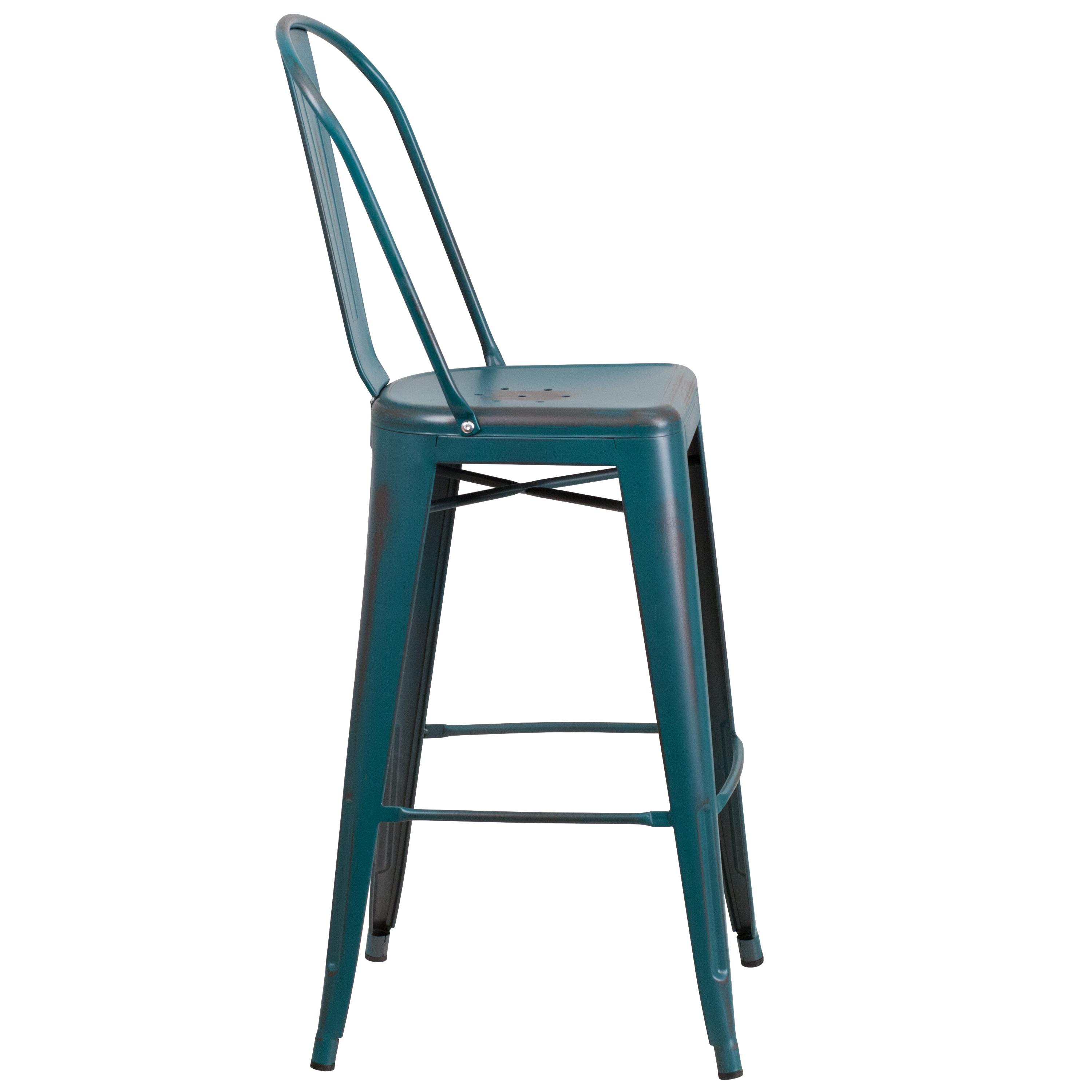 Flash Furniture Commercial Grade 30" High Distressed Kelly Blue-Teal Metal Indoor-Outdoor Barstool with Back