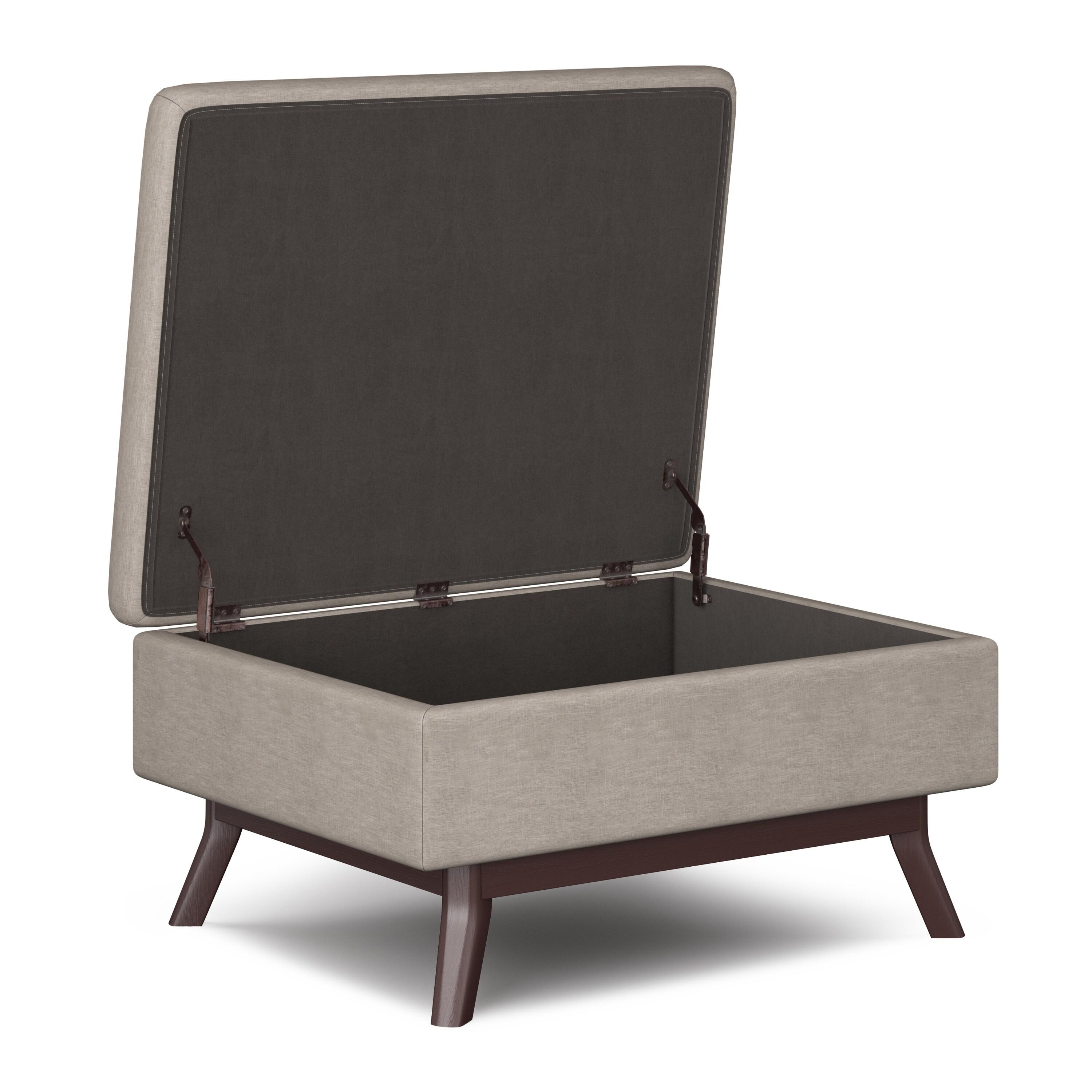 Simpli Home Owen 34"W Upholstered Coffee Table Storage Ottoman with Lift Top and Solid Wood Legs
