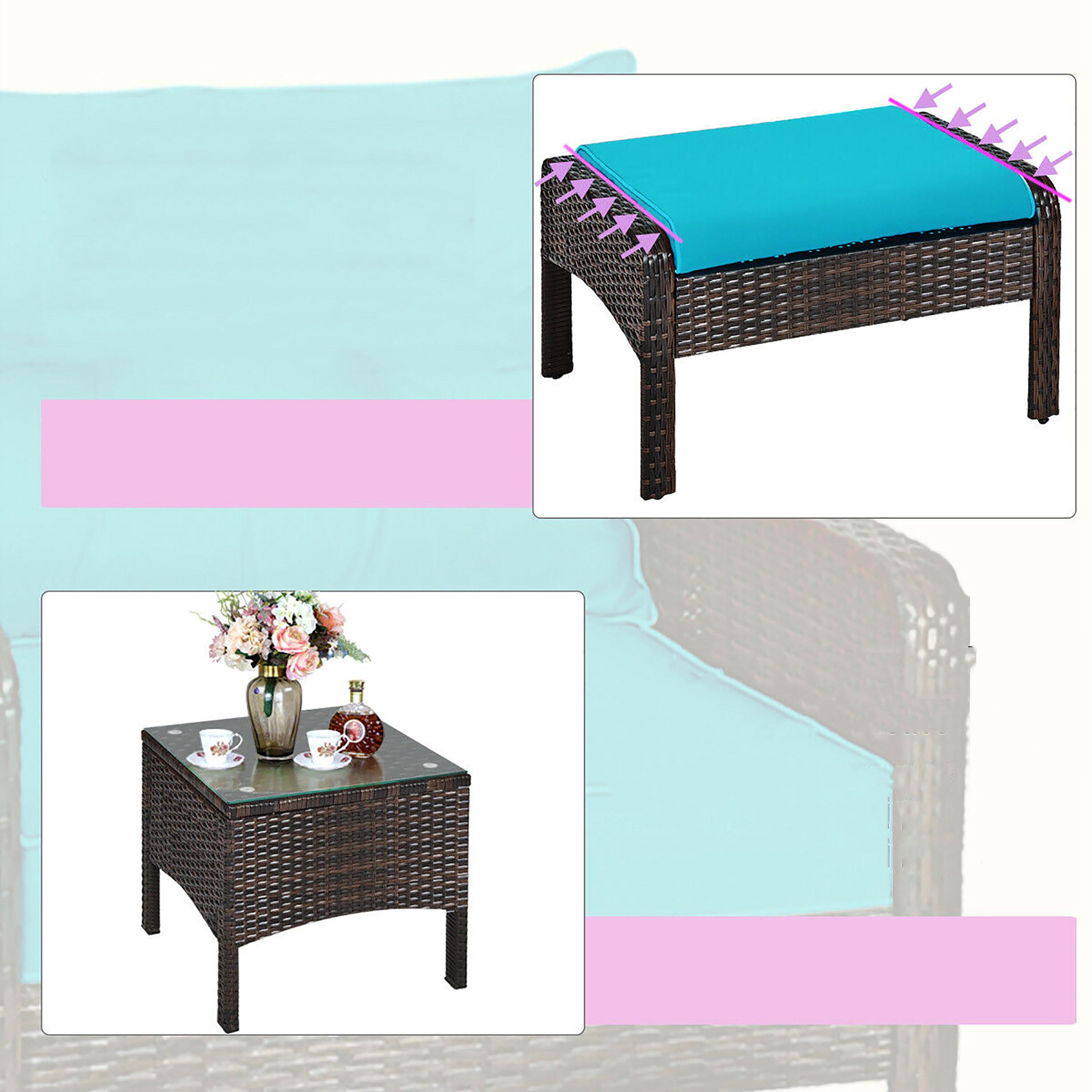 Spaco 5 Pieces Patio Rattan Sofa Ottoman Furniture Set with Cushions, Conversation Set with 2 Single Chairs, 2 Ottomans and A Side Table, Ottoman Furniture Set for Outdoor, Turquoise