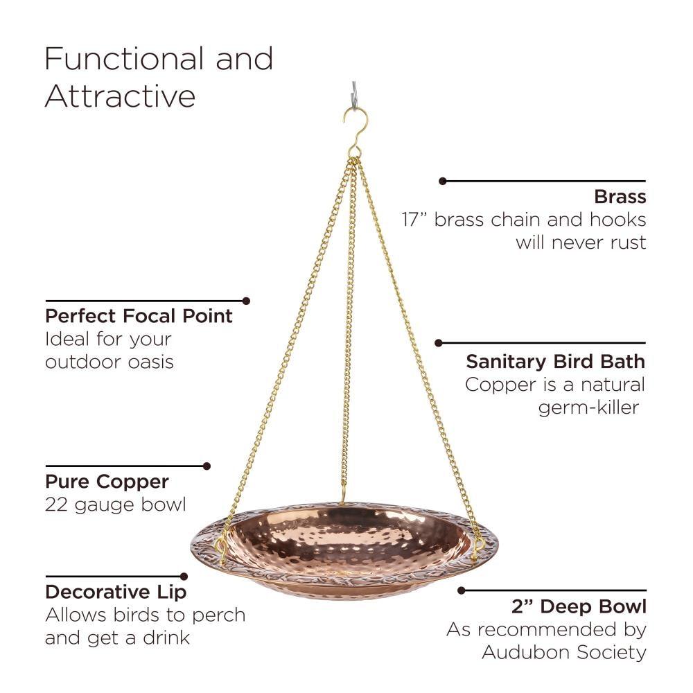Good Directions Pure Copper Hanging Bird Bath, 13.5” Diameter, Features a Brass Chain, Bird Feeder