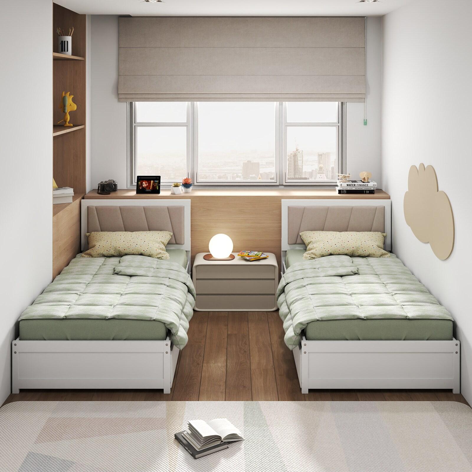 Costway Twin Size Bed Frame with 2 Storage Drawers Upholstered Headboard Wood Structure