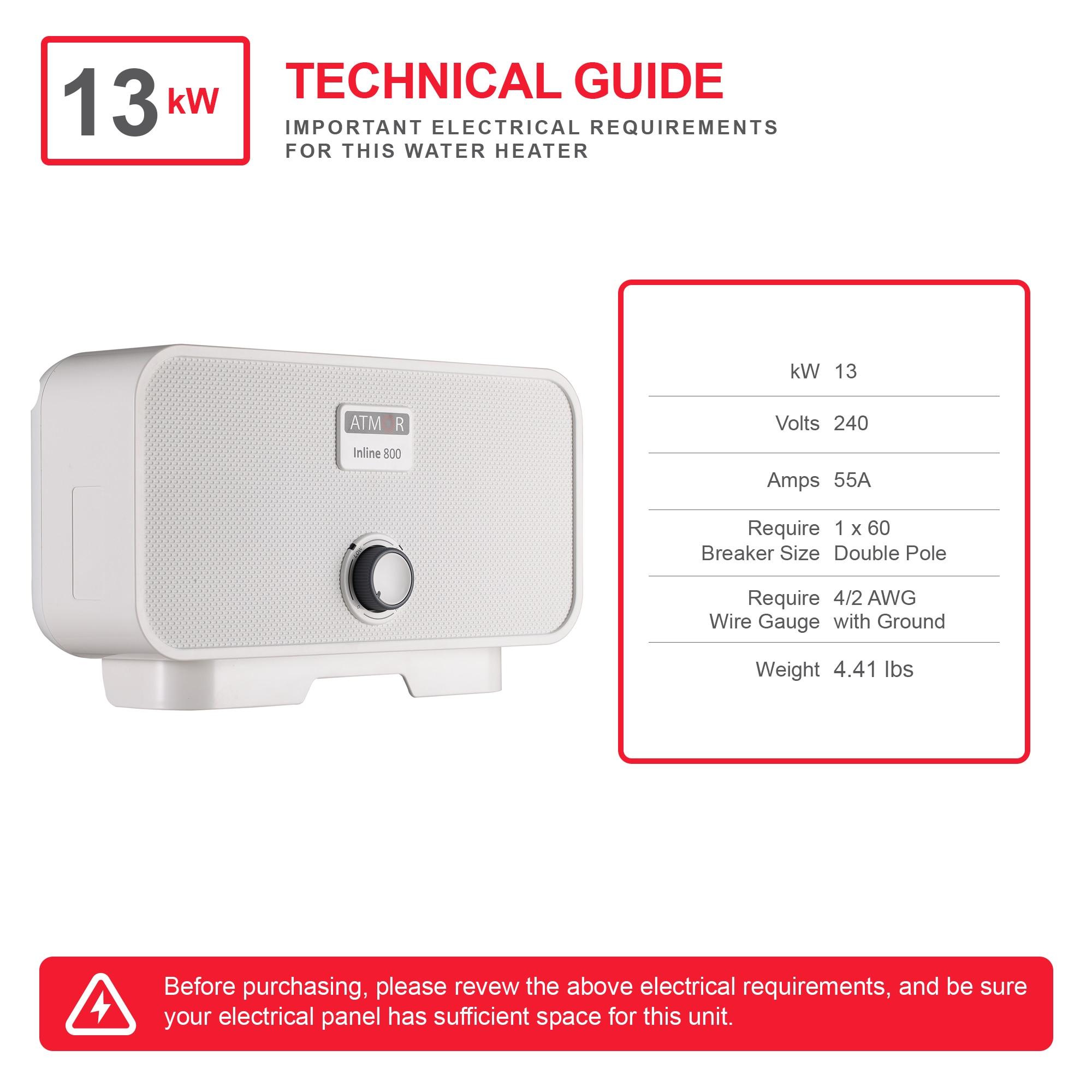 Atmor 13kW/240V Electric Tankless Water Heater Includes Pressure Relief Device, Ideal for a Full Bathroom