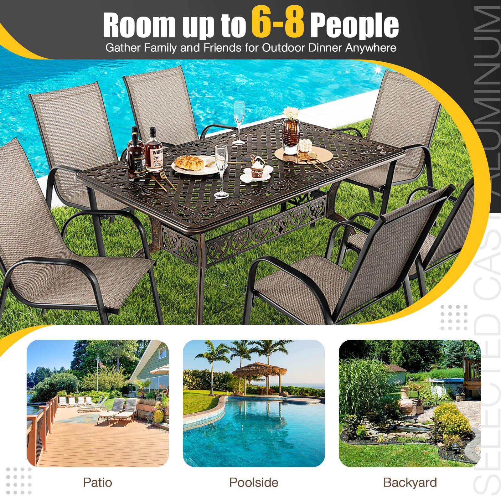 Outvita 59inch Patio Dinning Table, Outdoor Cast Aluminum Large Rectangle Table with Umbrella Hole and Antique Design for Backyard Pool Balcony Deck
