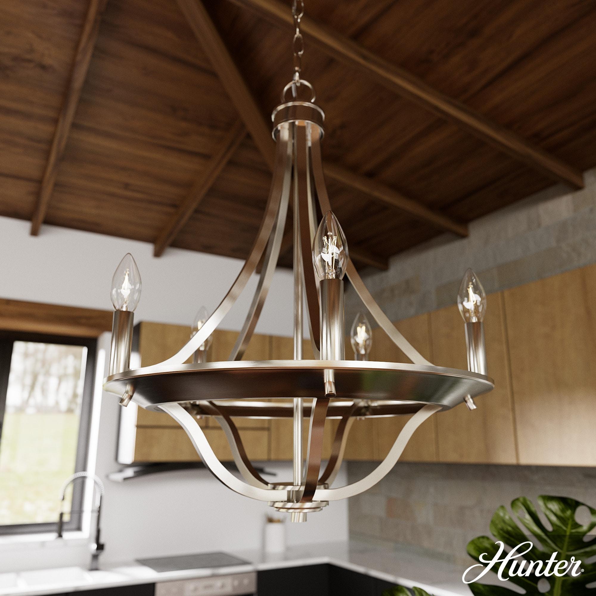 Hunter - Perch Point 5-light Brushed Nickel, Medium Size Chandelier, Dimmable, Casual Style, Empire Shaped, for Bedrooms, Kitchens, Dining, Living Rooms - 19425