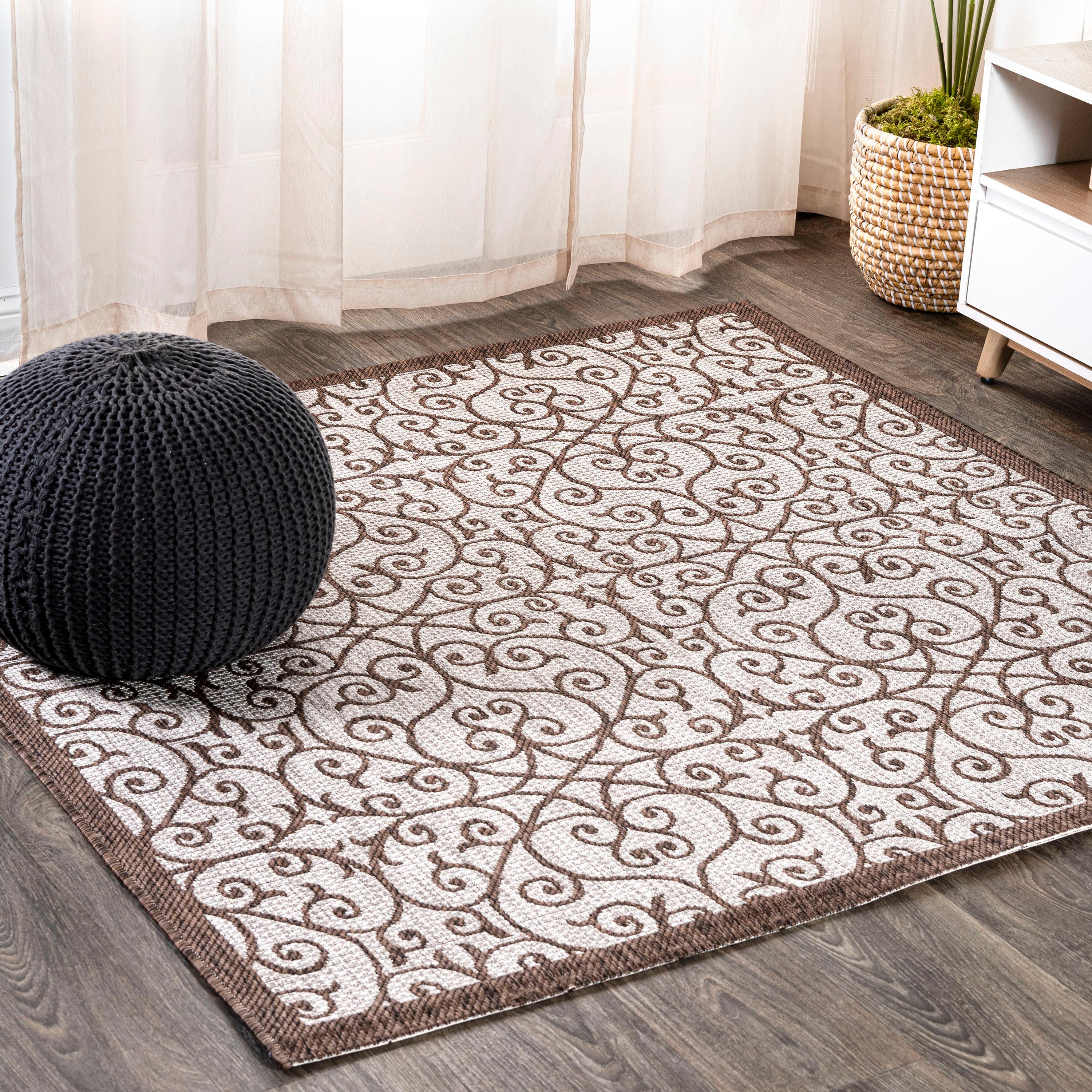 5' Square Madrid Vintage Filigree Textured Weave Indoor/Outdoor Area Rug, Taupe/Espresso - JONATHAN Y