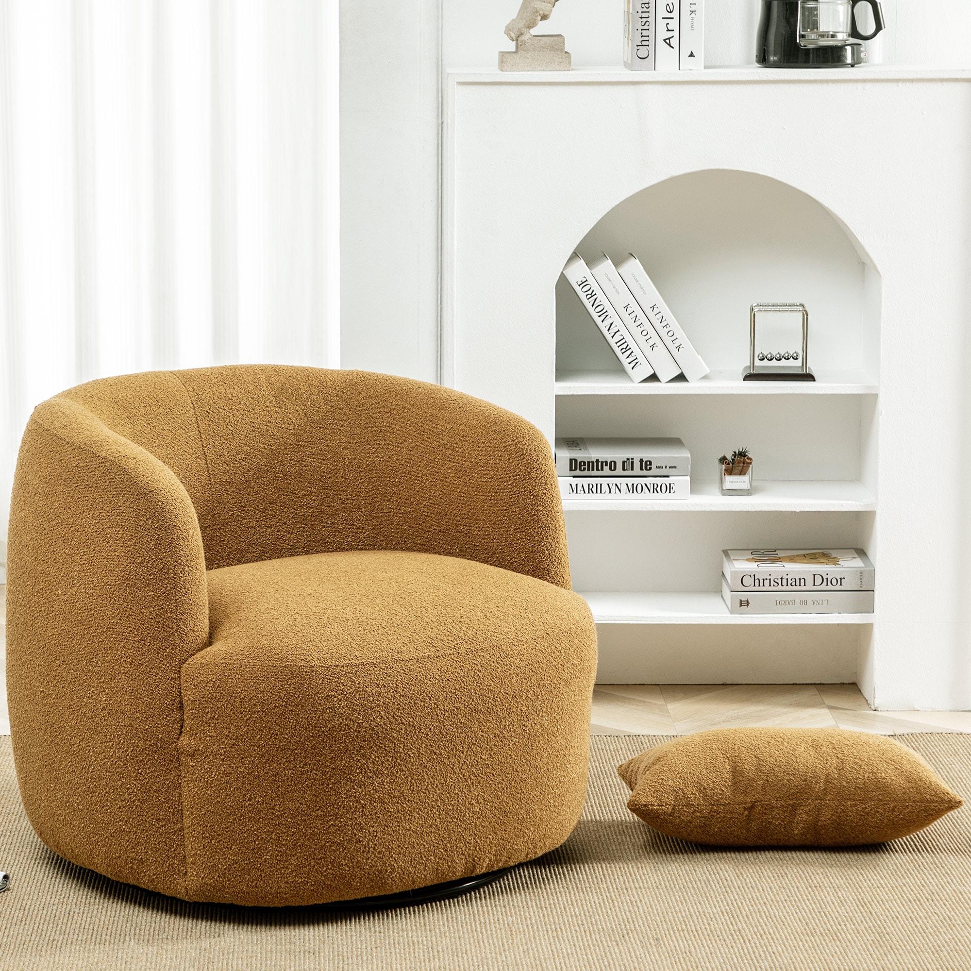 34" Wide Boucle Swivel Barrel Chair, No Assembly Round Upholstered Armchair Accent Chair Single Sofa Chair with Toss Pillow for Living Room and Bedroom, Brown