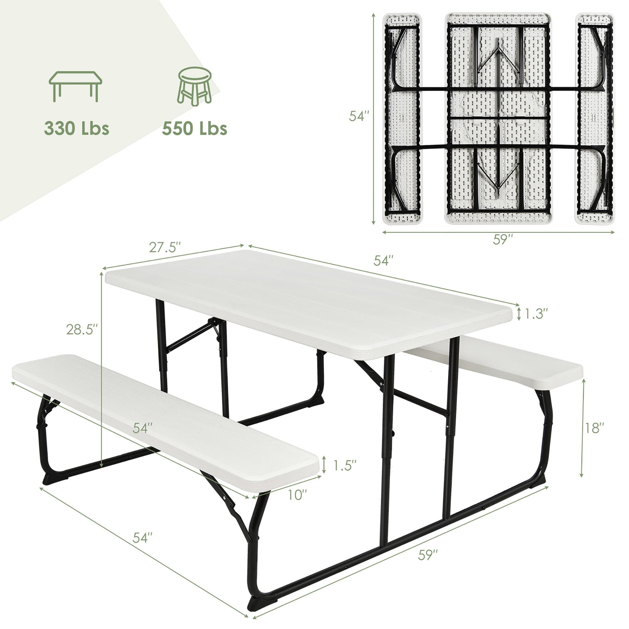 White Plastic Folding Picnic Table Bench Set with Wood-Like Texture