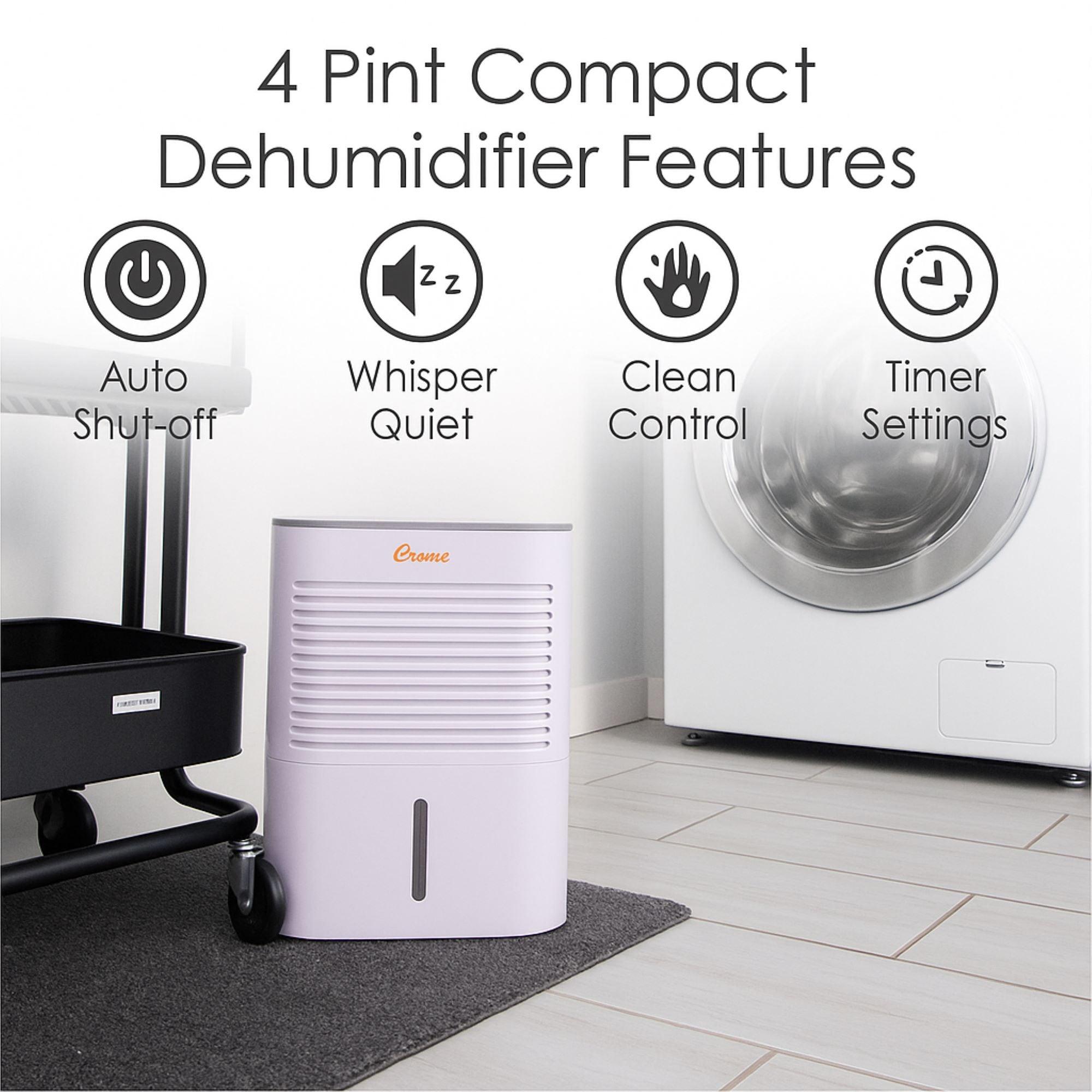Crane 4 Pint Compact Portable Dehumidifier with 2 Settings for Small to Medium Rooms up to 300 sq. ft.