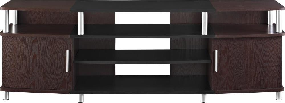Ameriwood Home Carson TV Stand fits up to 70" with Multiple Open Shelves, Cherry and Black