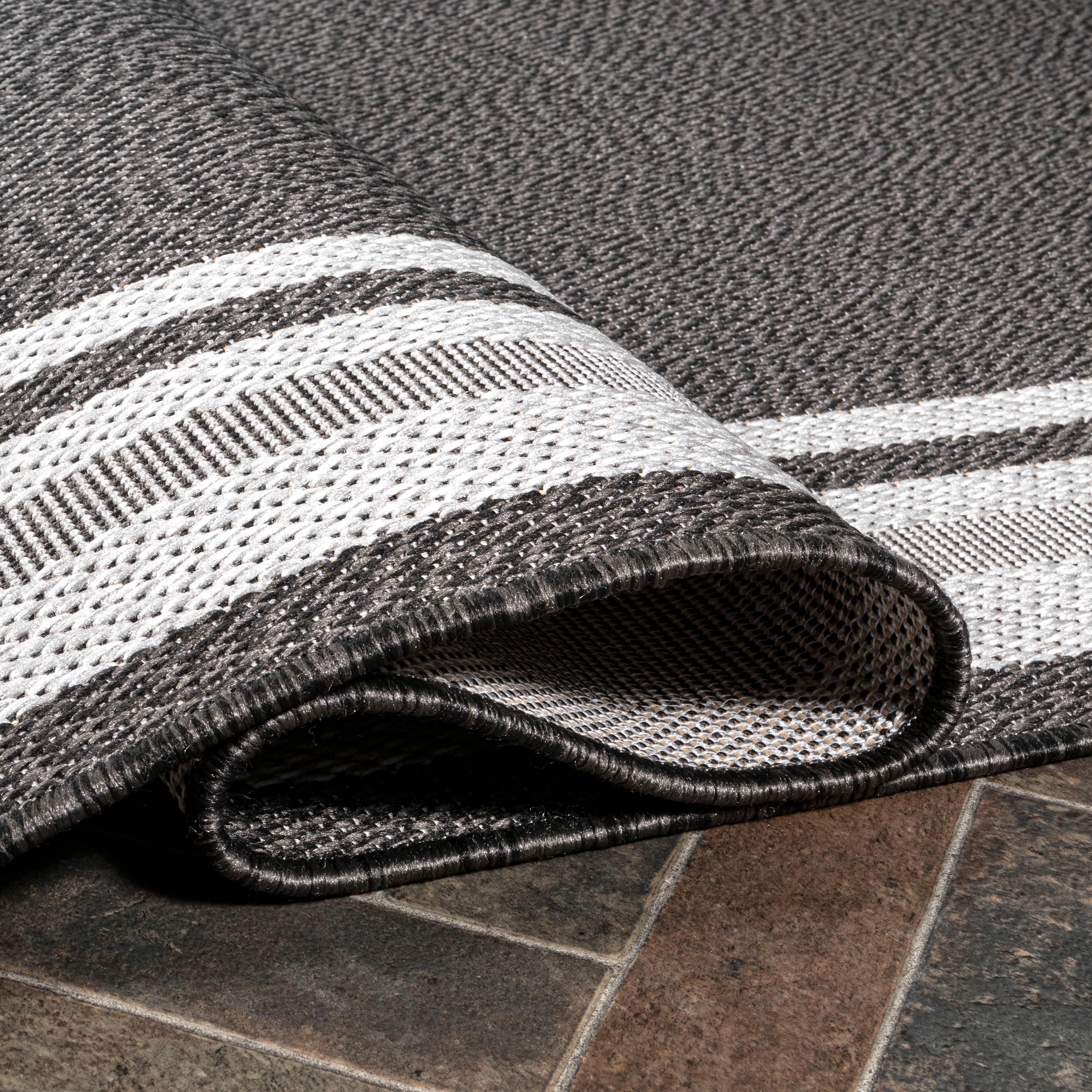 5' x 8' James Modern Border Stripe Indoor/Outdoor Area Rug, Black/Cream - JONATHAN Y
