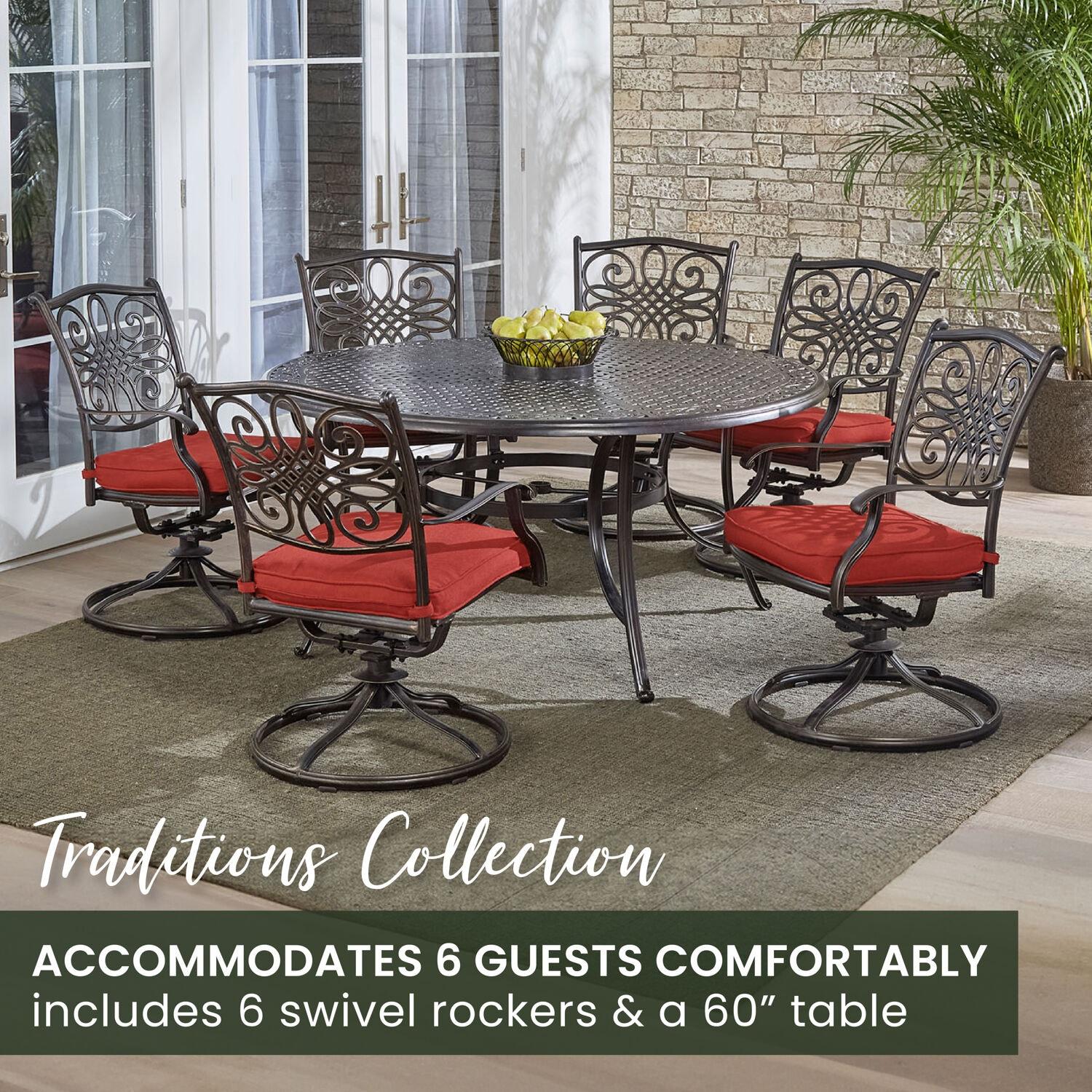 Hanover Traditions 7 Pcs Aluminum Outdoor Dining Set with Cast-top Table, Red
