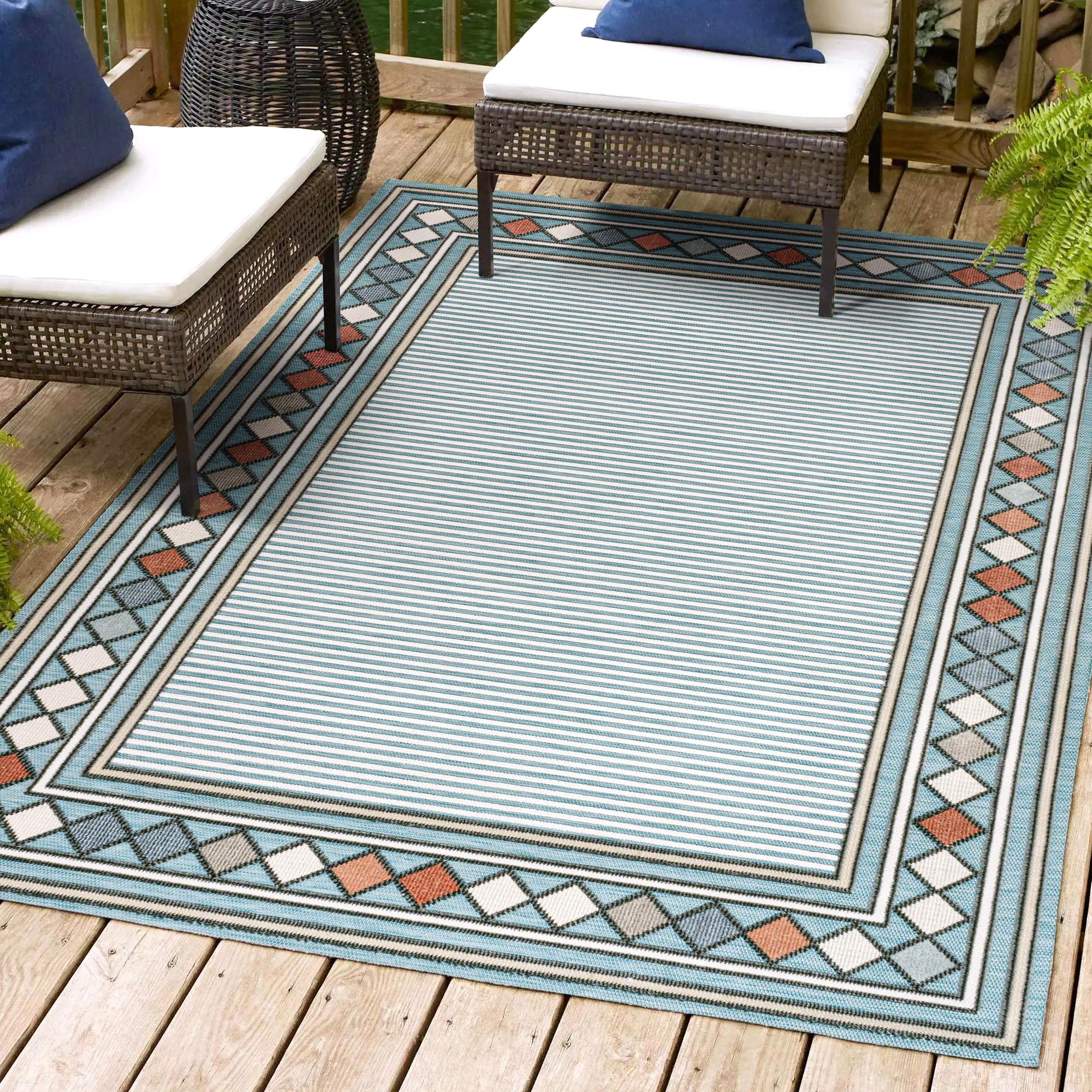 JONATHAN Y Sebastian High-Low Modern Diamond Border Blue/Ivory 5 ft. x 8 ft. Indoor/Outdoor Area Rug