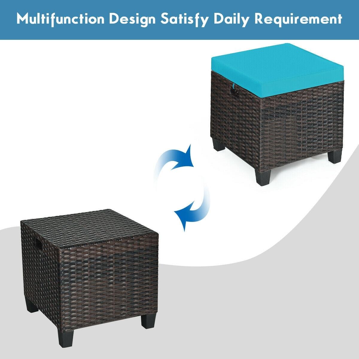 Costway 2PCS Patio Rattan Ottoman Cushioned Seat w/ Foot Rest Turquoise