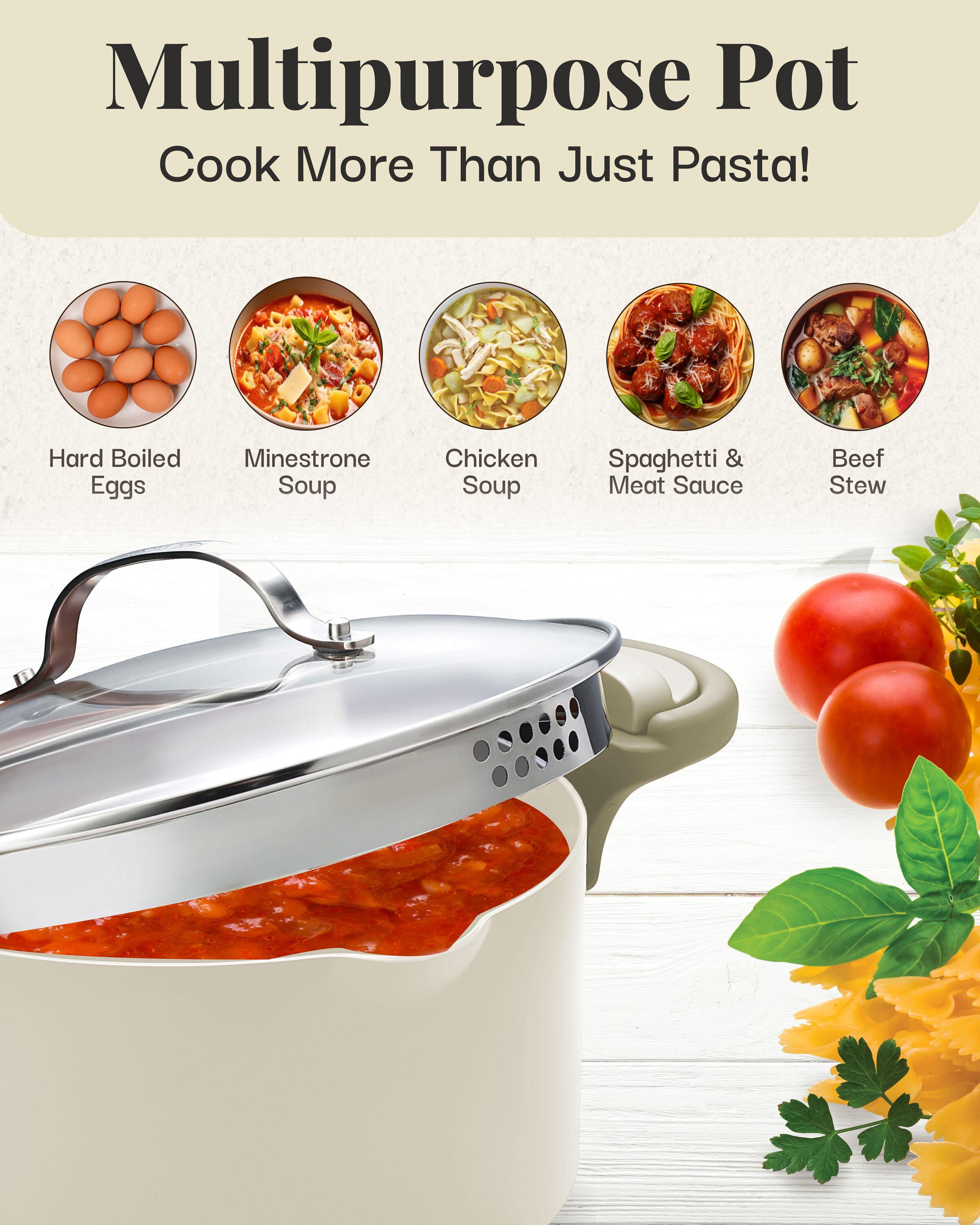 Gotham Steel Cream Ultra Nonstick Ceramic 8 Qt Pasta Pot with Strainer and Twist & Lock Handles
