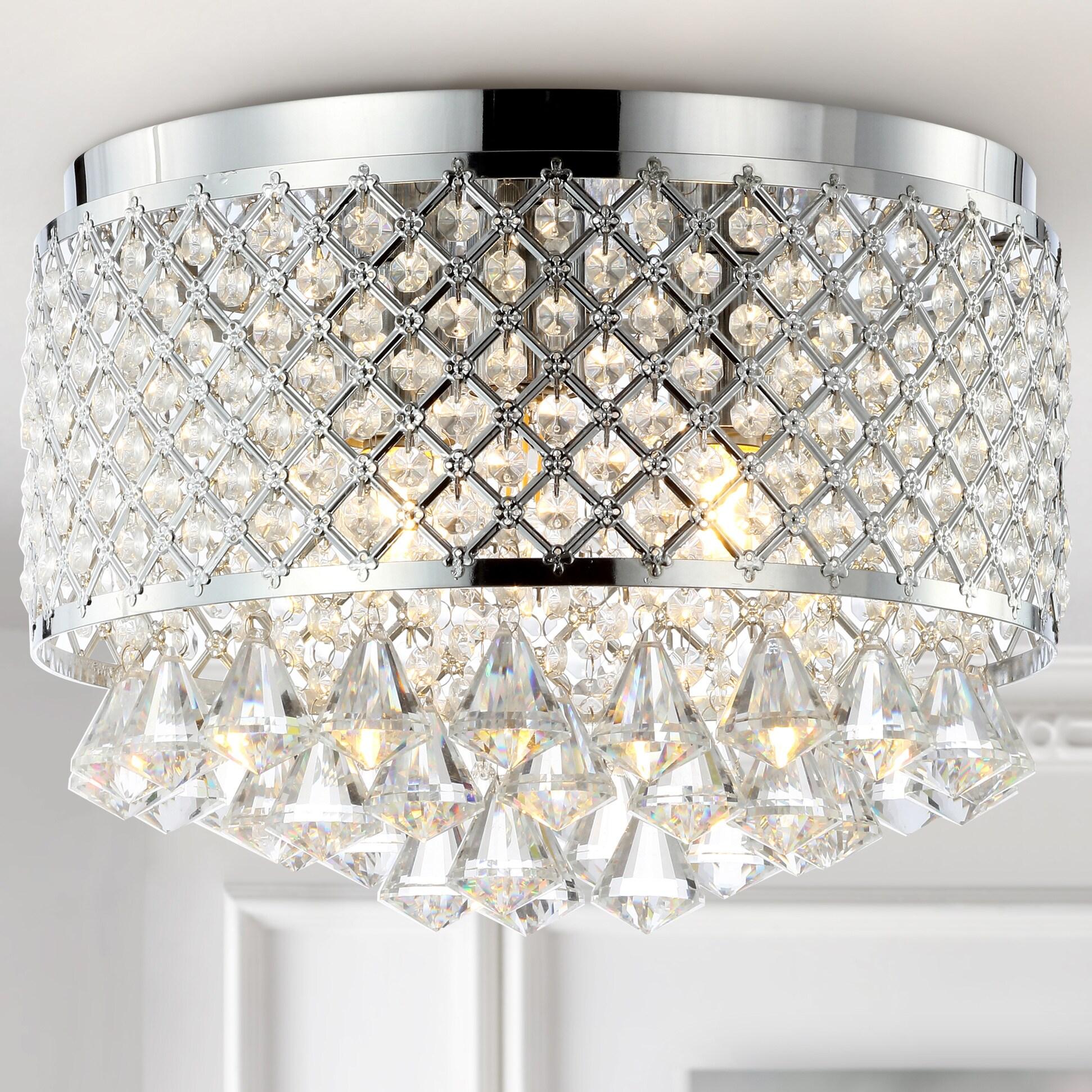 JONATHAN Y Evelyn 14.7" 3-Light Crystal Drops/Metal LED Flush Mount, Chrome