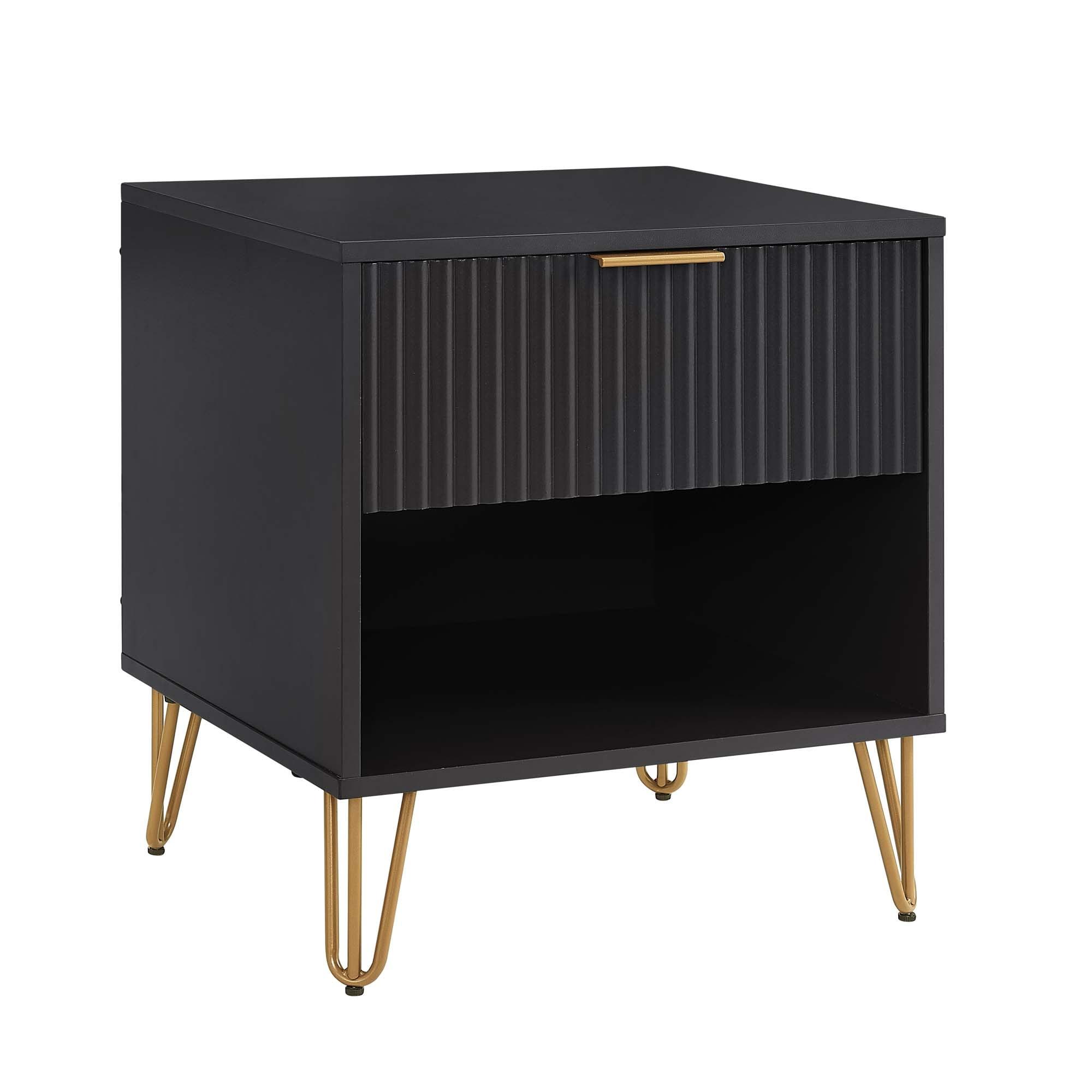 Manhattan Comfort Dumbo Nightstand with Drawer Black: Modern Design, Splayed Metal Legs, Soft Close Storage