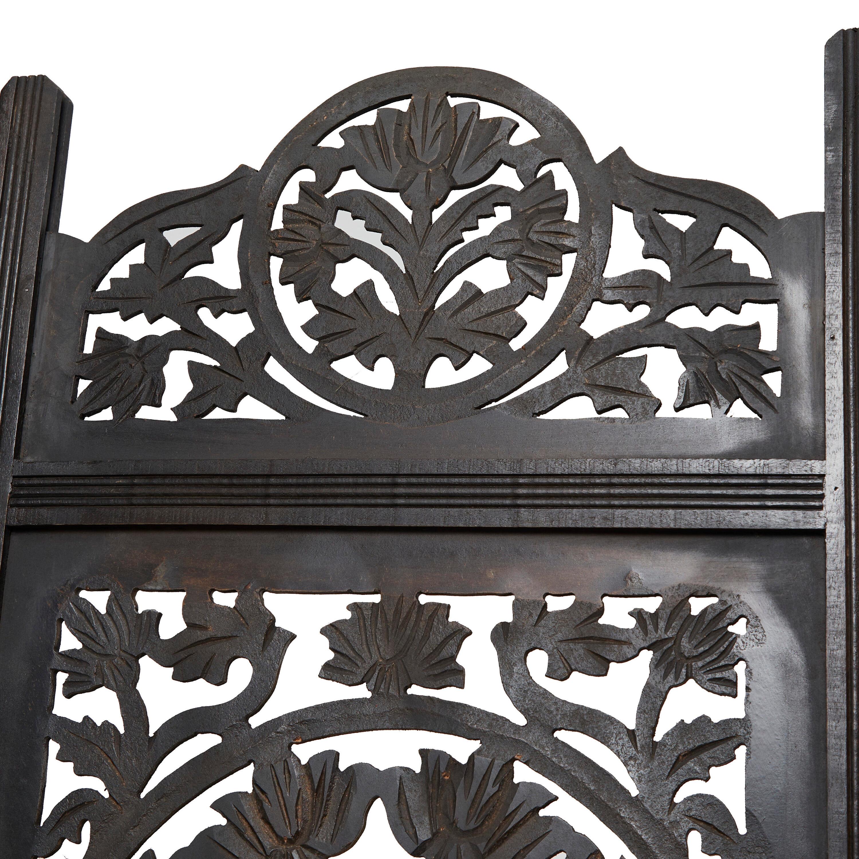 DecMode 80" x 72" Black Wood Floral Handmade Hinged Foldable Partition 4 Panel Room Divider Screen with Intricately Carved Designs, 1-Piece