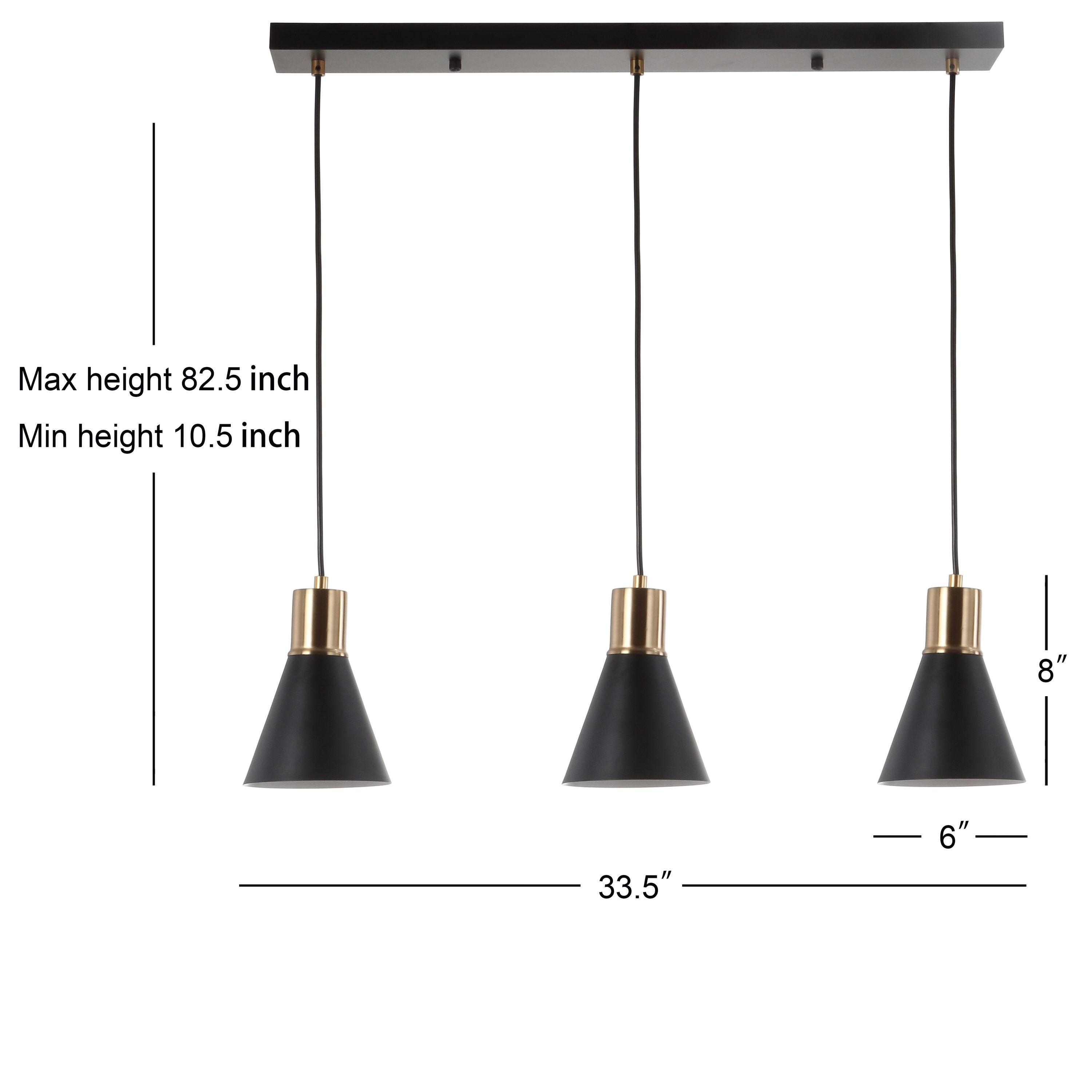 Apollo 33.5" 3-Light Mid-Century Modern Iron Adjustable Linear LED Pendant, Black/Brass Gold