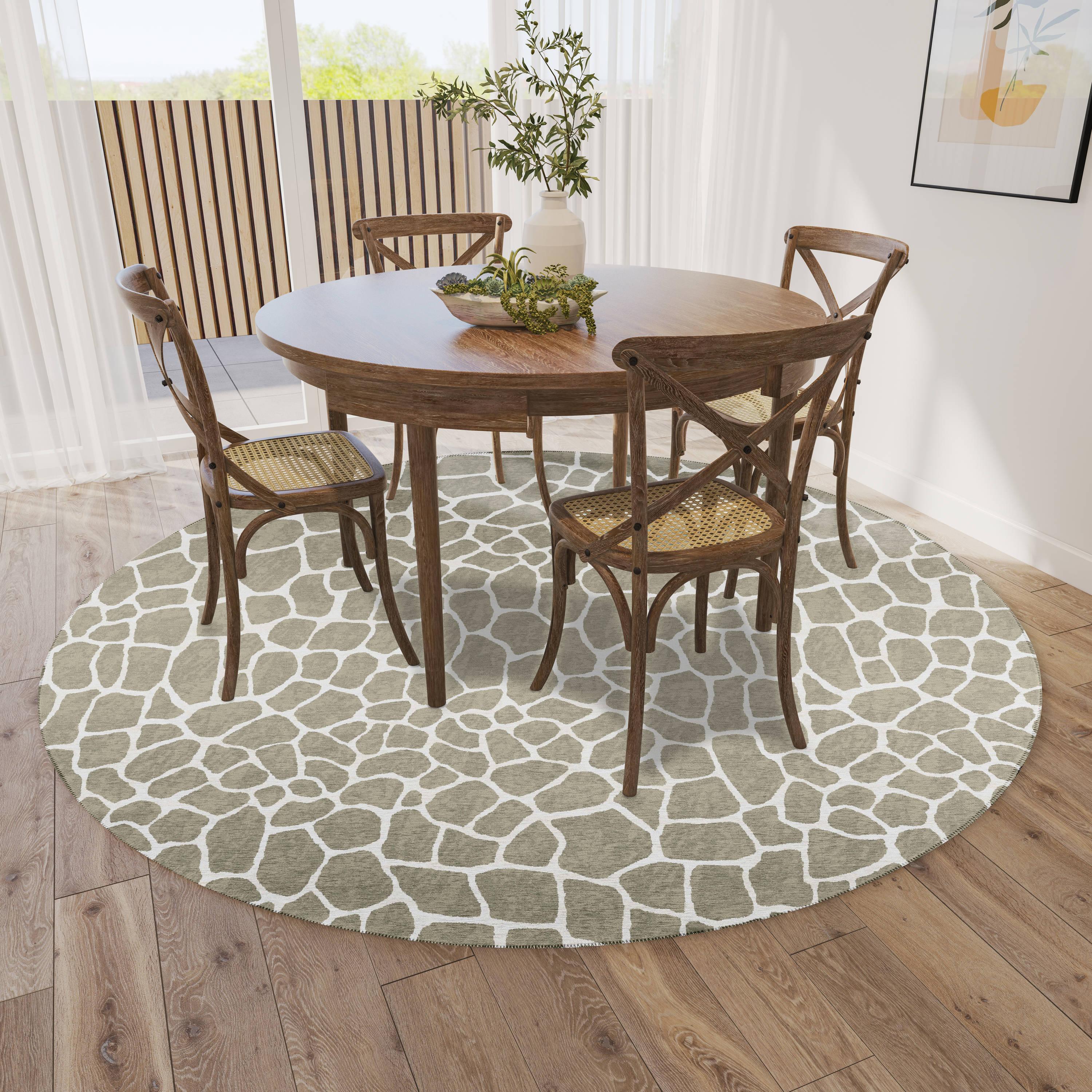 Taupe Geometric Chenille Round Washable Area Rug