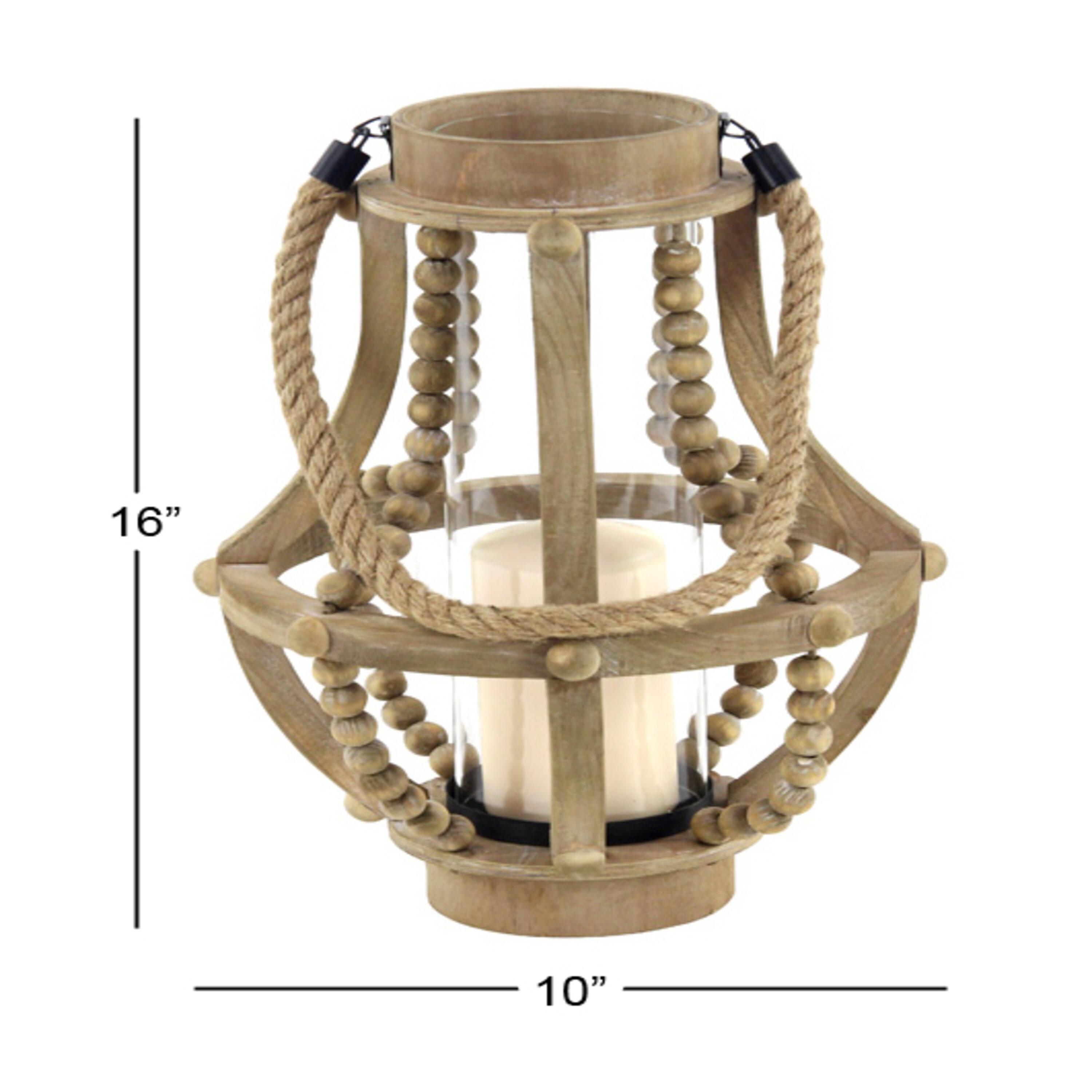 Olivia & May 16" x 10" Rustic Wood/Glass Candle Holder with Rope Handle Beige : Wooden Lantern, Tall Pillar Style