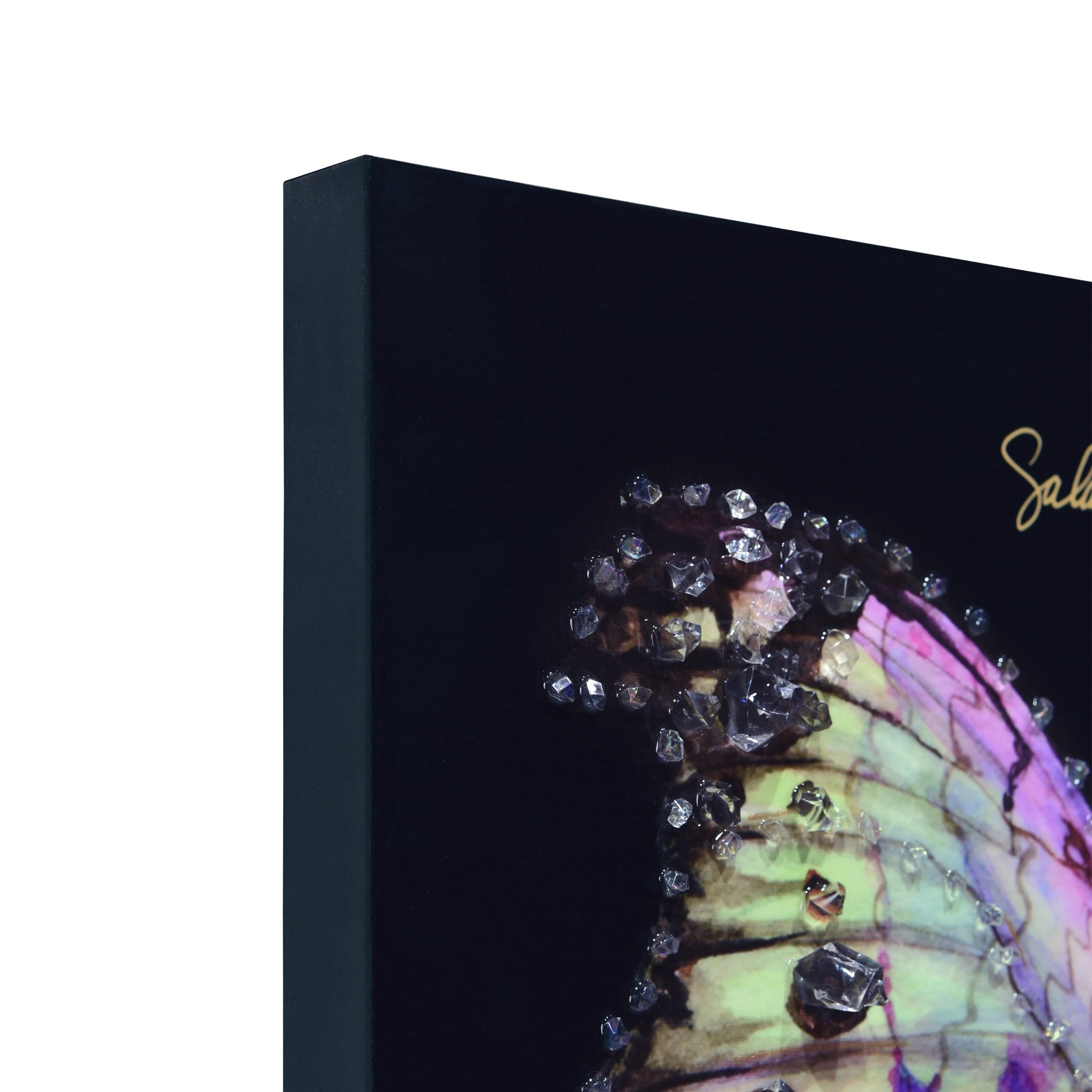 "Pink Monarch Elegance" Crystallus Epoxy Coated Wrapped Glossy Butterfly Canvas Wall Art with Heavy Acrylic Crystal Shards Embellishments