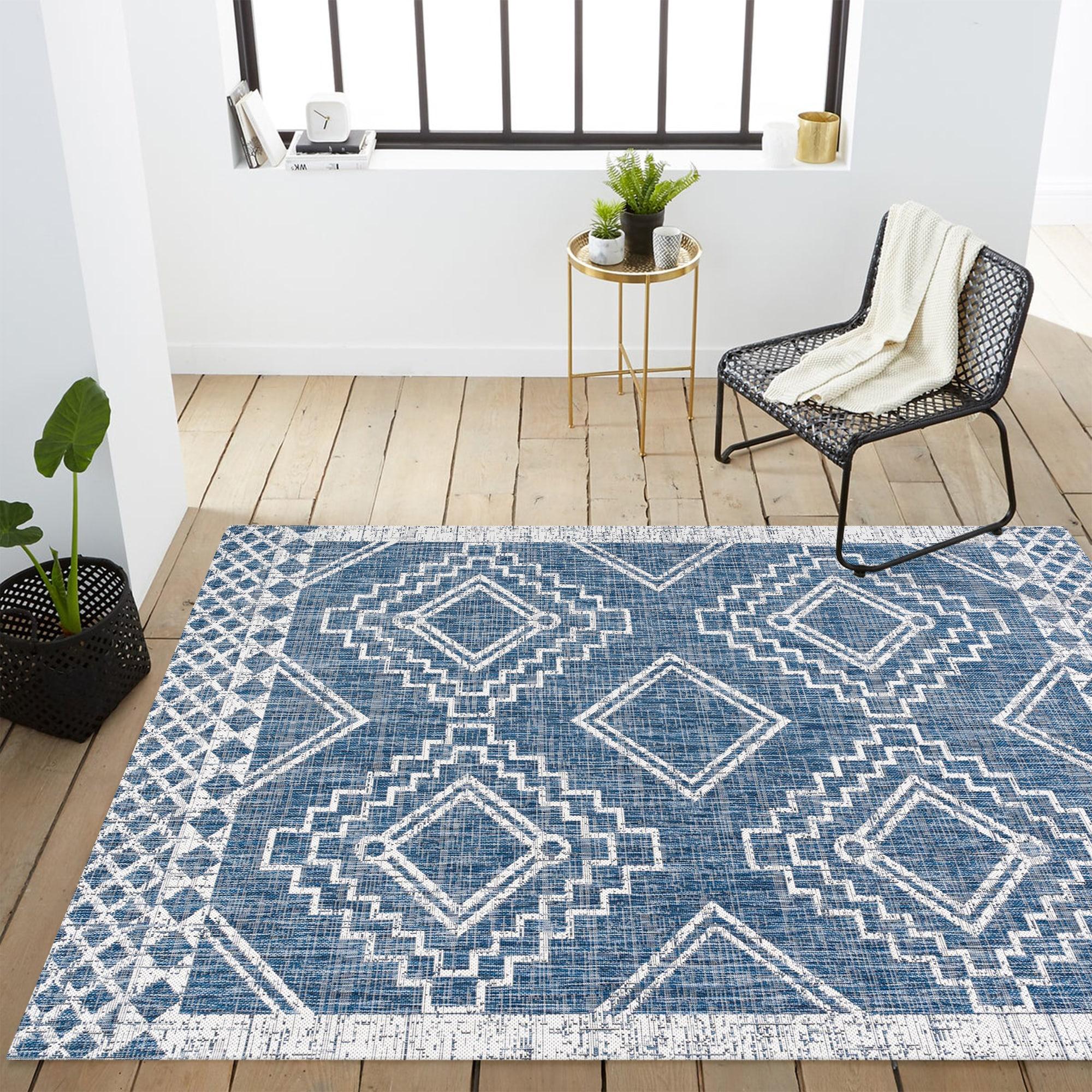 3'x5' Marokko Diamond  Medallion Indoor/Outdoor Area Rug, Blue/Ivory - JONATHAN Y