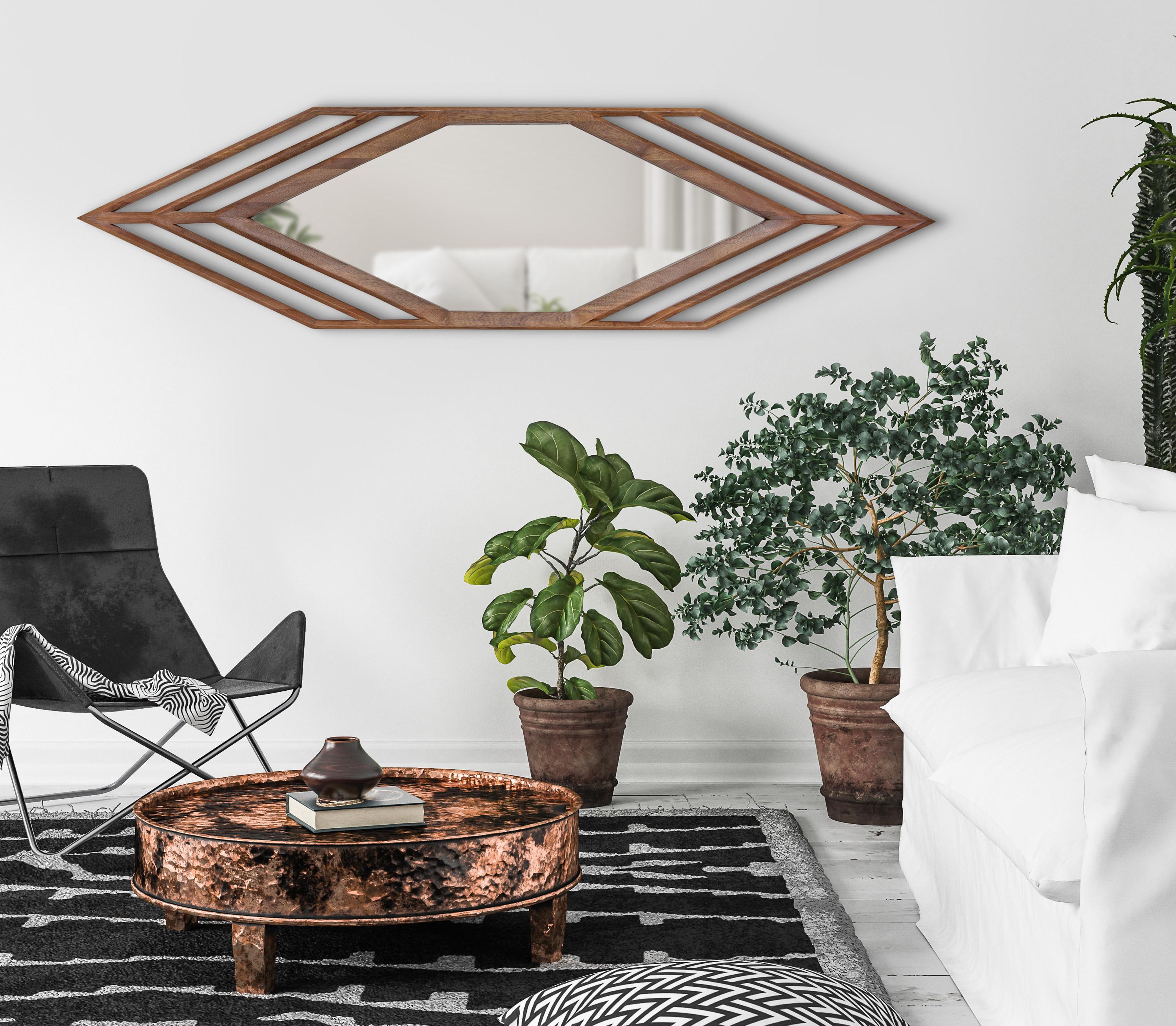 Kate and Laurel Vayga Bohemian Geometric Decorative Wall Mirror, 14 x 42, Natural, Modern Hexagon Mirror for Wall
