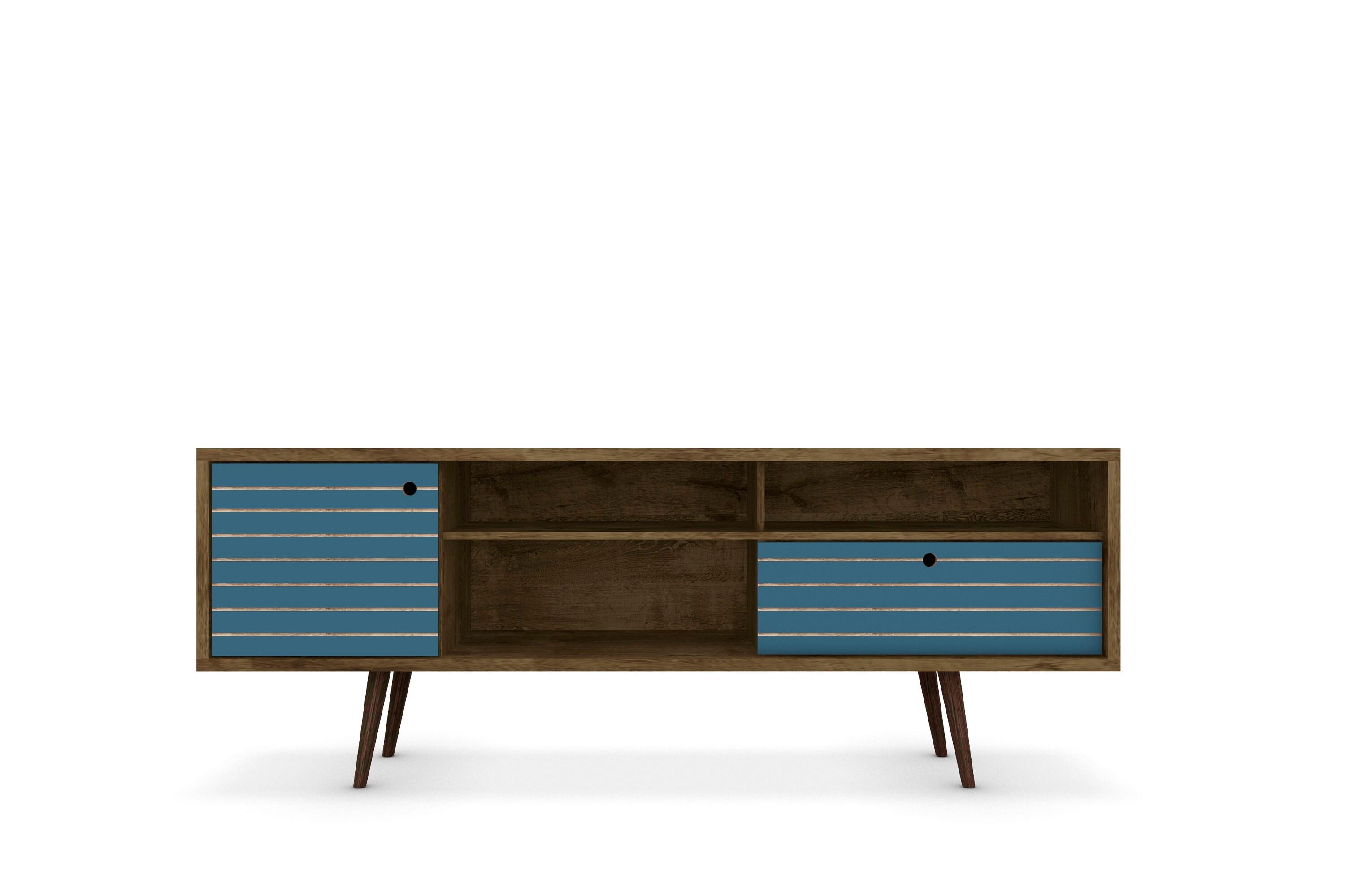 Liberty 3 Shelf and 1 Drawer TV Stand for TVs up to 65" Rustic Brown/Aqua Blue - Manhattan Comfort: Entertainment Center with Cable Management