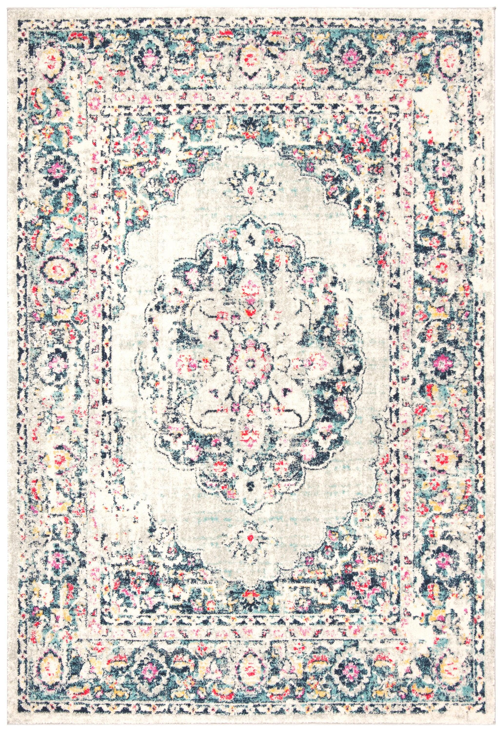 SAFAVIEH Madison Aimee Floral Bordered Area Rug, Light Grey/Fuchsia, 5'3" x 7'6"