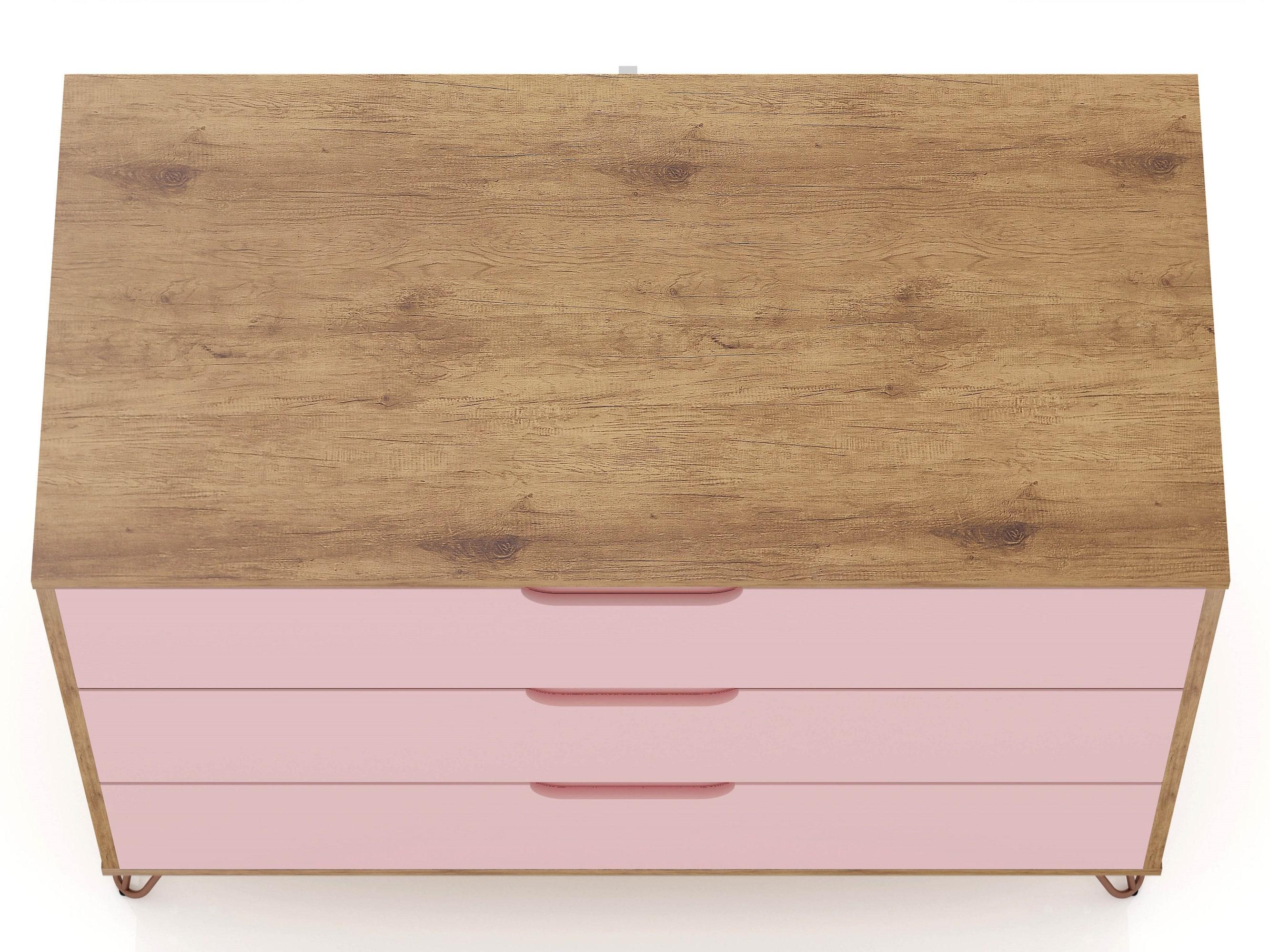 Set of 2 Rockefeller 3 Drawer Dresser Nature/Rose Pink - Manhattan Comfort: MDF Bedroom Storage, Easy-Glide, 6 Drawers