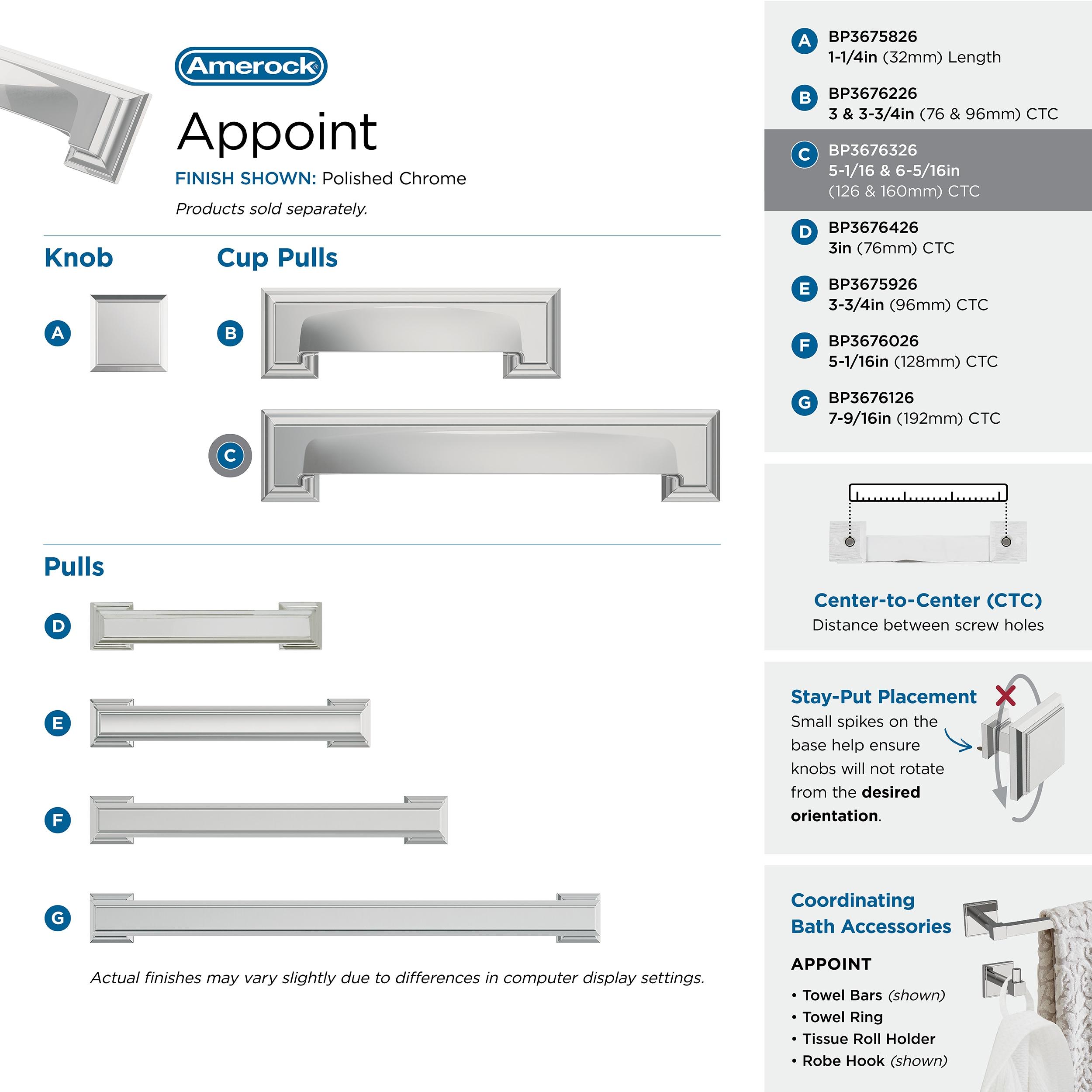 Amerock Appoint 5-1/16 inch or 6-5/16 inch (128mm or 160mm) Center-to-Center Polished Chrome Cabinet Cup Pull