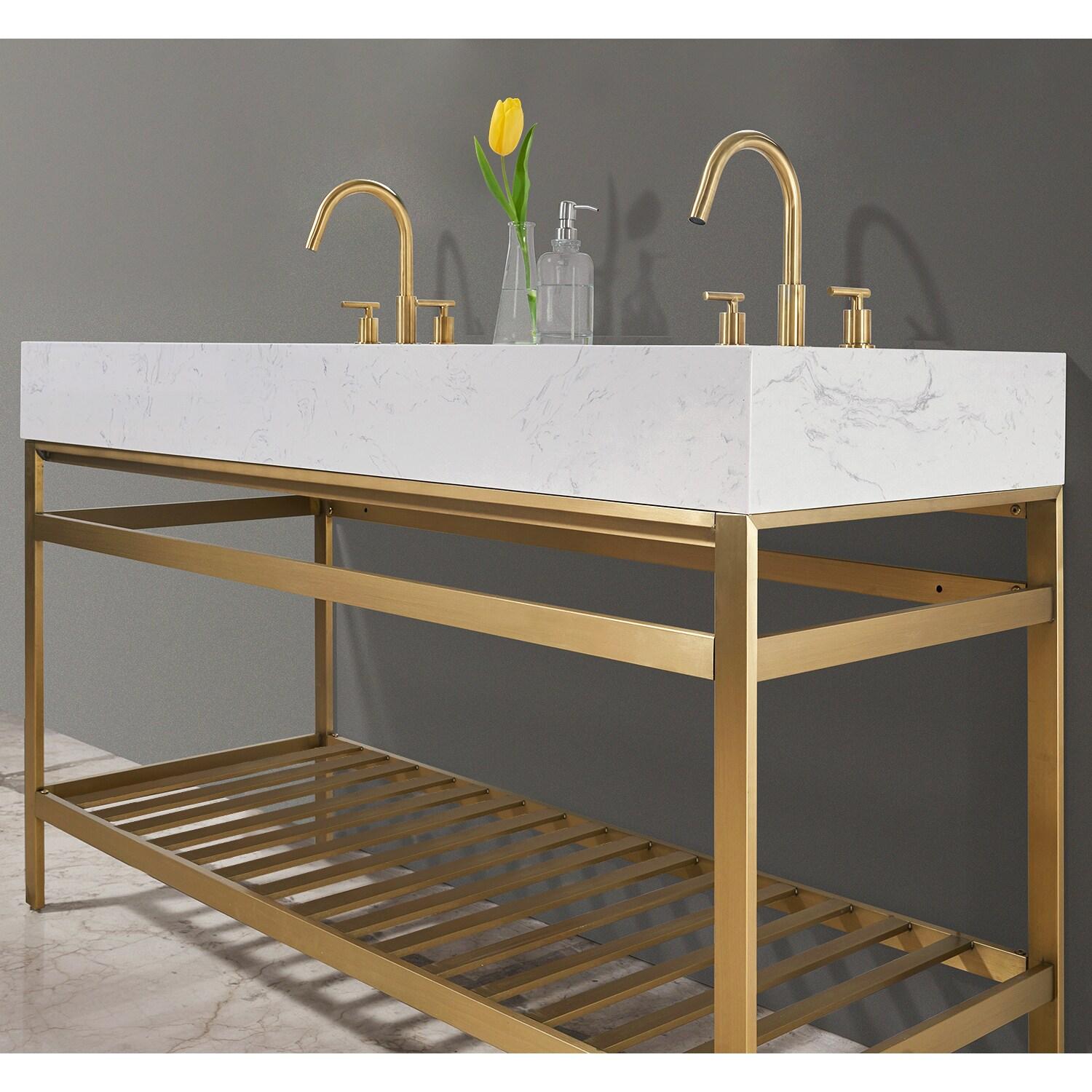 Merano 60" Double Stainless Steel Vanity Console in Brushed Gold with Aosta White Stone Countertop without Mirror