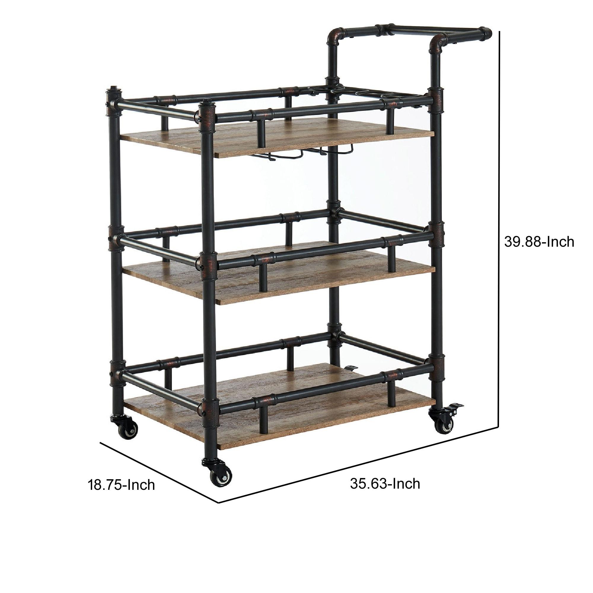 Benjara Benzara Rustic Three Tier Serving Cart, Black and Brown