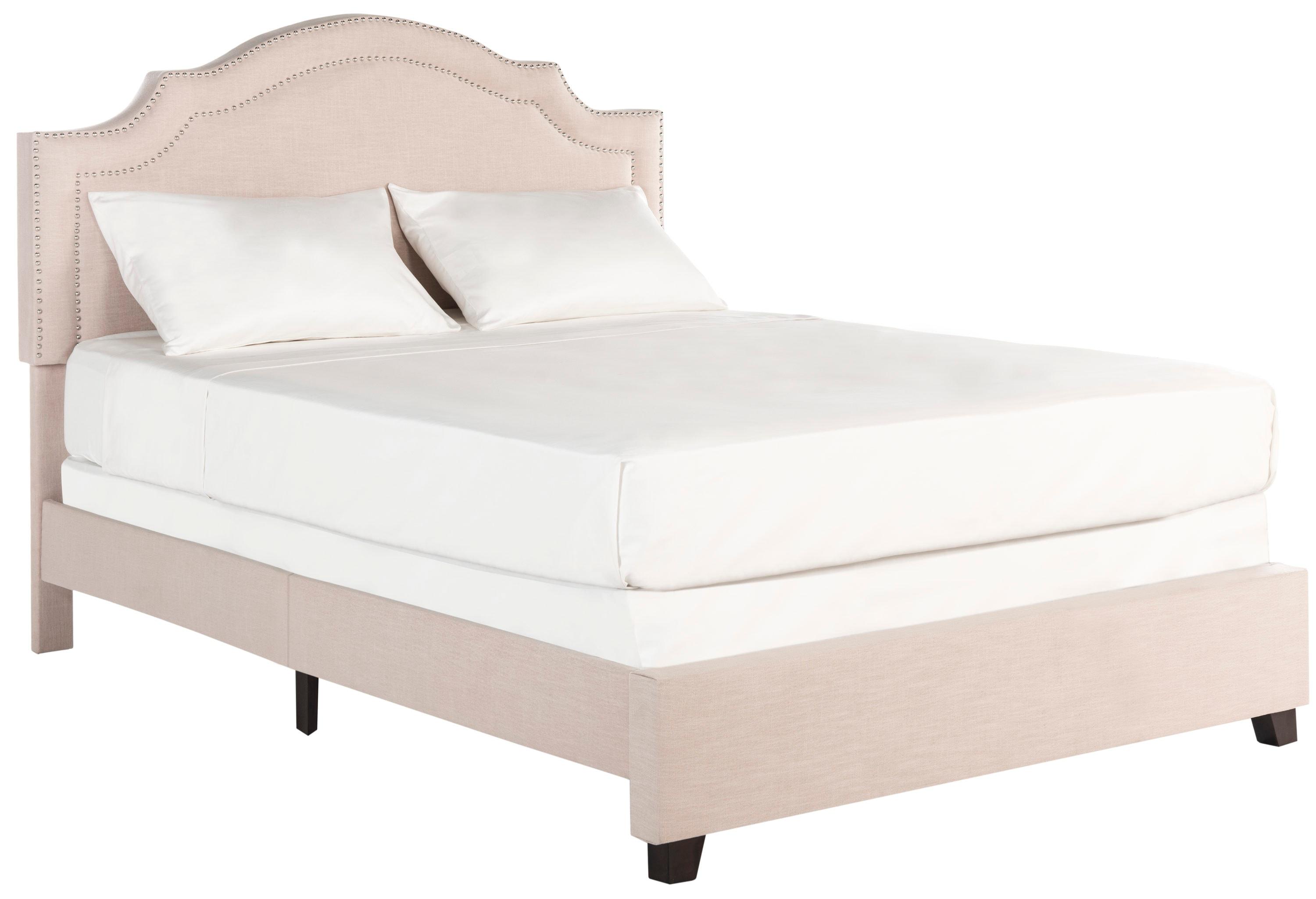 SAFAVIEH Theron Modern Elegant Upholstered Bed Frame w/Nail Heads, Queen, Light Beige/Silver Nails