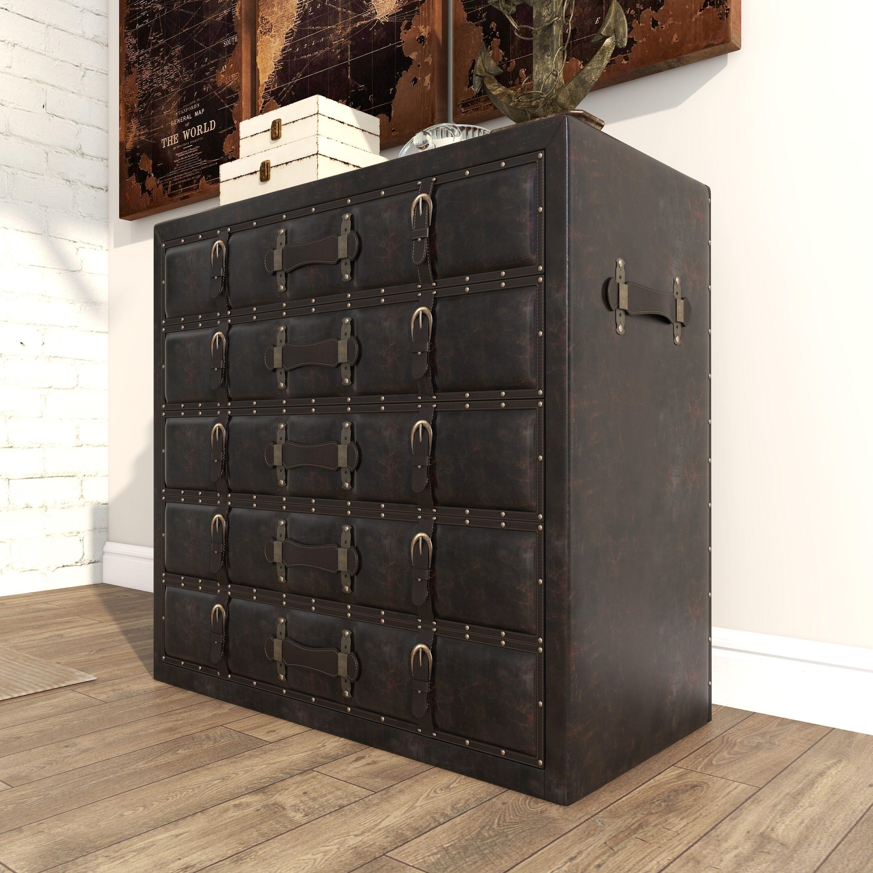 DecMode 36" x 32" Black Wood Vintage Faux Leather Chest with Buckles and Straps Detailing, 1-Piece