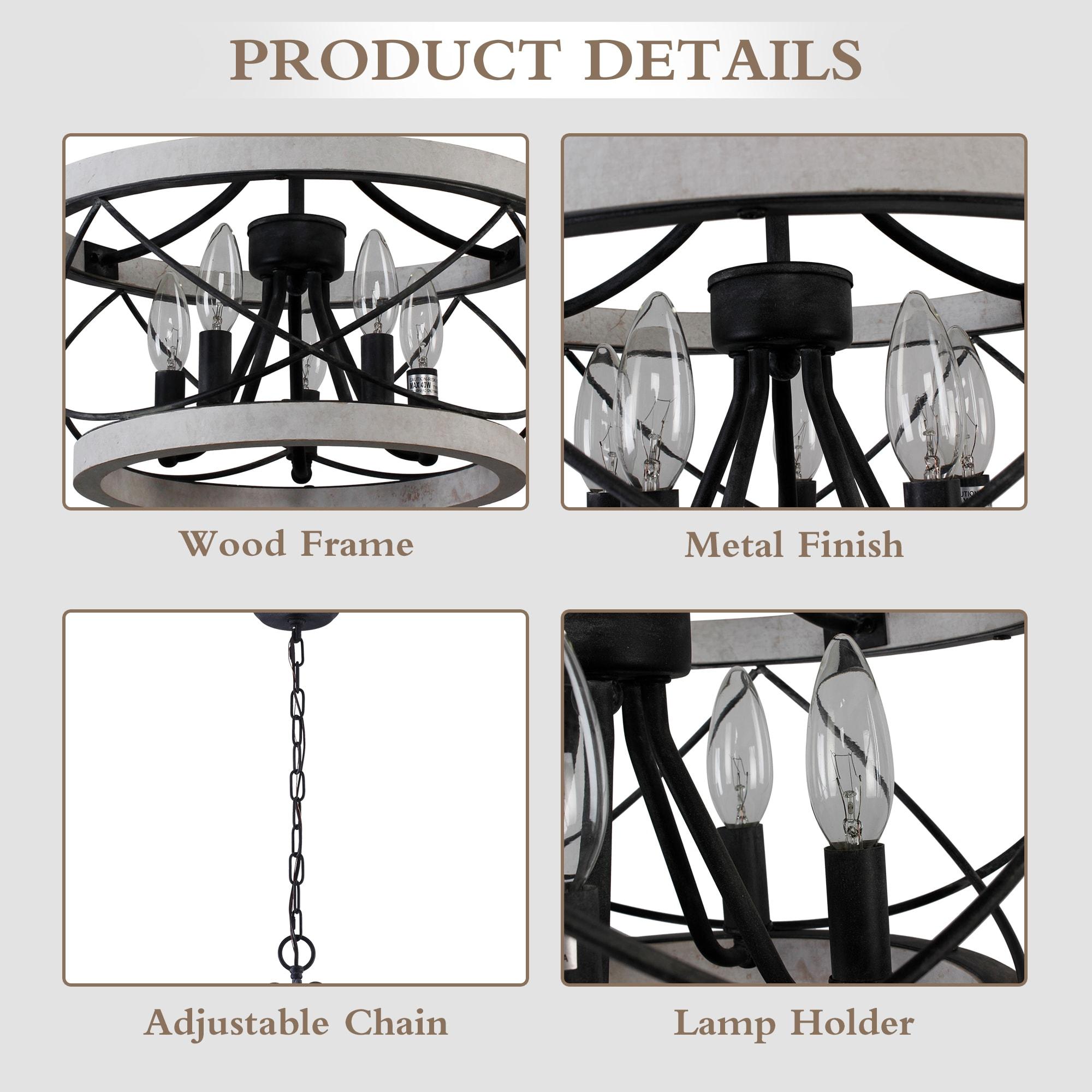 Cusp Barn  5-Light Farmhouse Wood Chandelier Adjustable Handmade Rustic Drum Ceiling Light Fixture Hanging Lamp for Foyer Kitchen 15.7-inch -