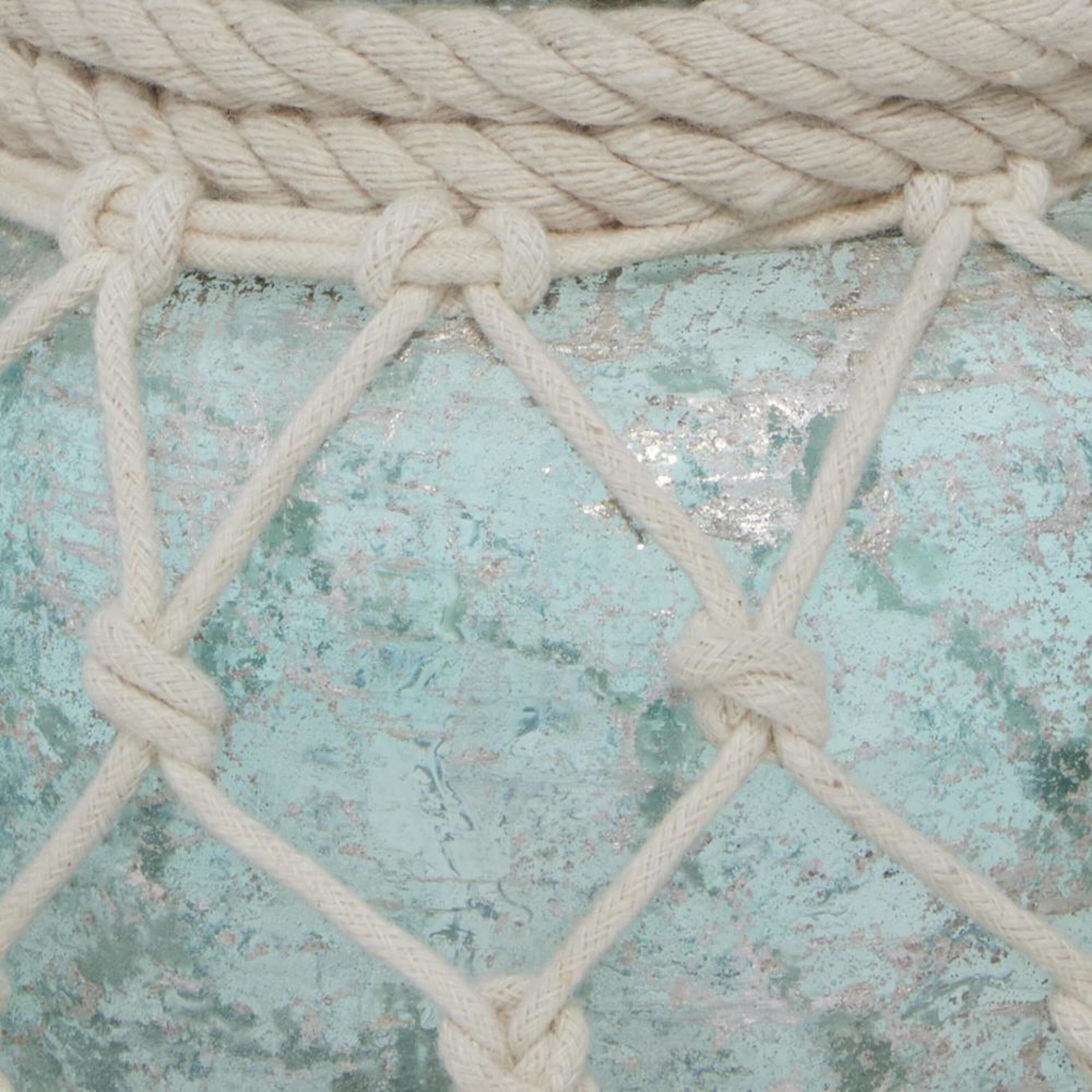 DecMode Blue Glass Decorative Candle Lantern with Rope Handle