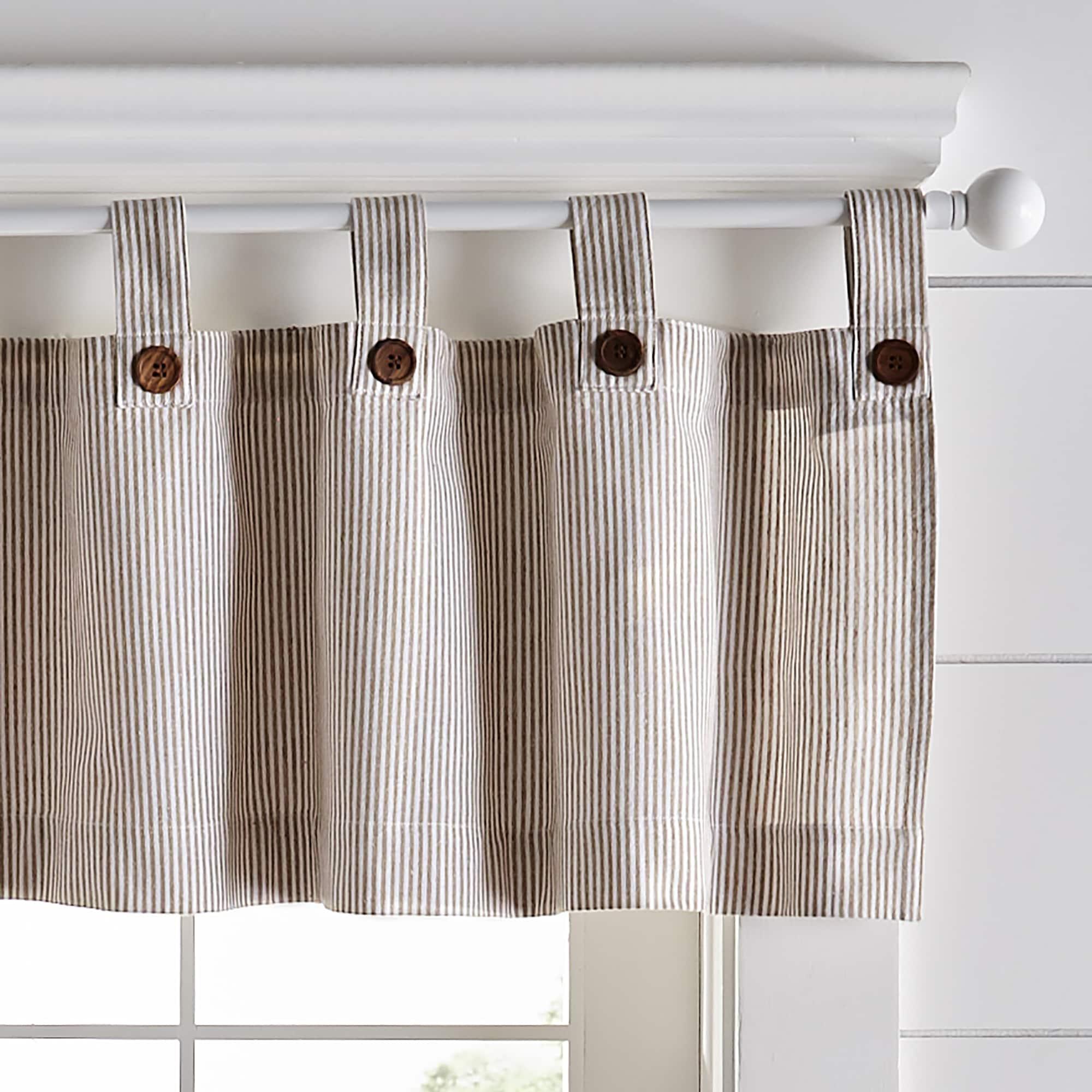Tucker Ticking Stripe Button Tab Top Window Kitchen Valance - 60" x 15" - Linen - Elrene Home Fashions