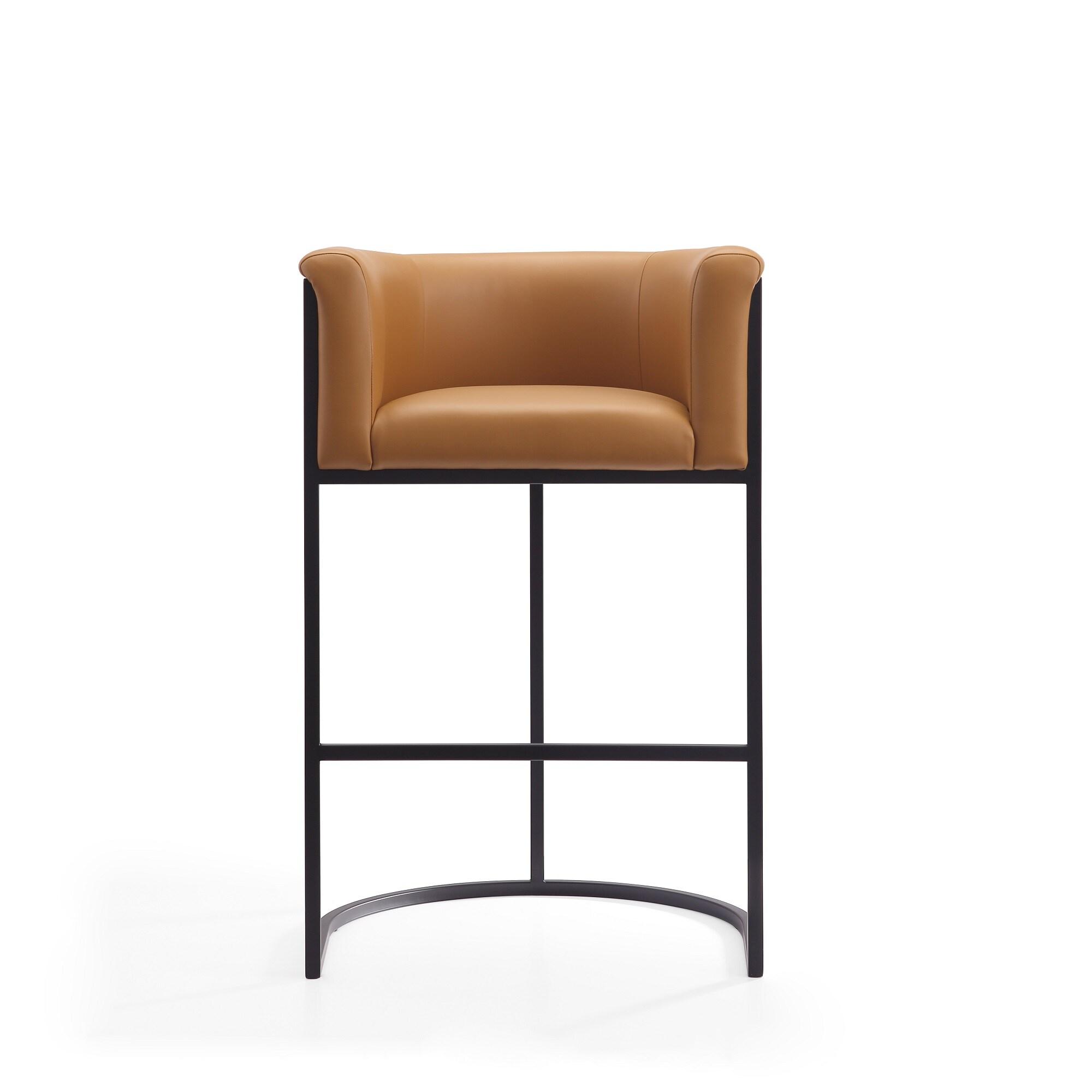 Cosmopolitan Upholstered Metal Barstool Camel - Manhattan Comfort: Faux Leather, Low Back, Fixed Height 29.5"