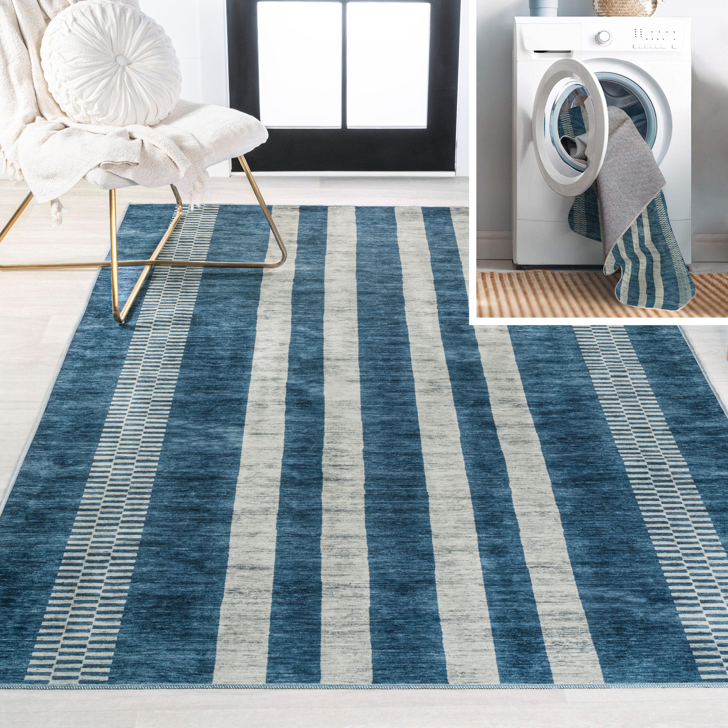 JONATHAN Y Vichy Geometric Striped Machine-Washable Blue/Cream 3 ft. x 5 ft. Area Rug